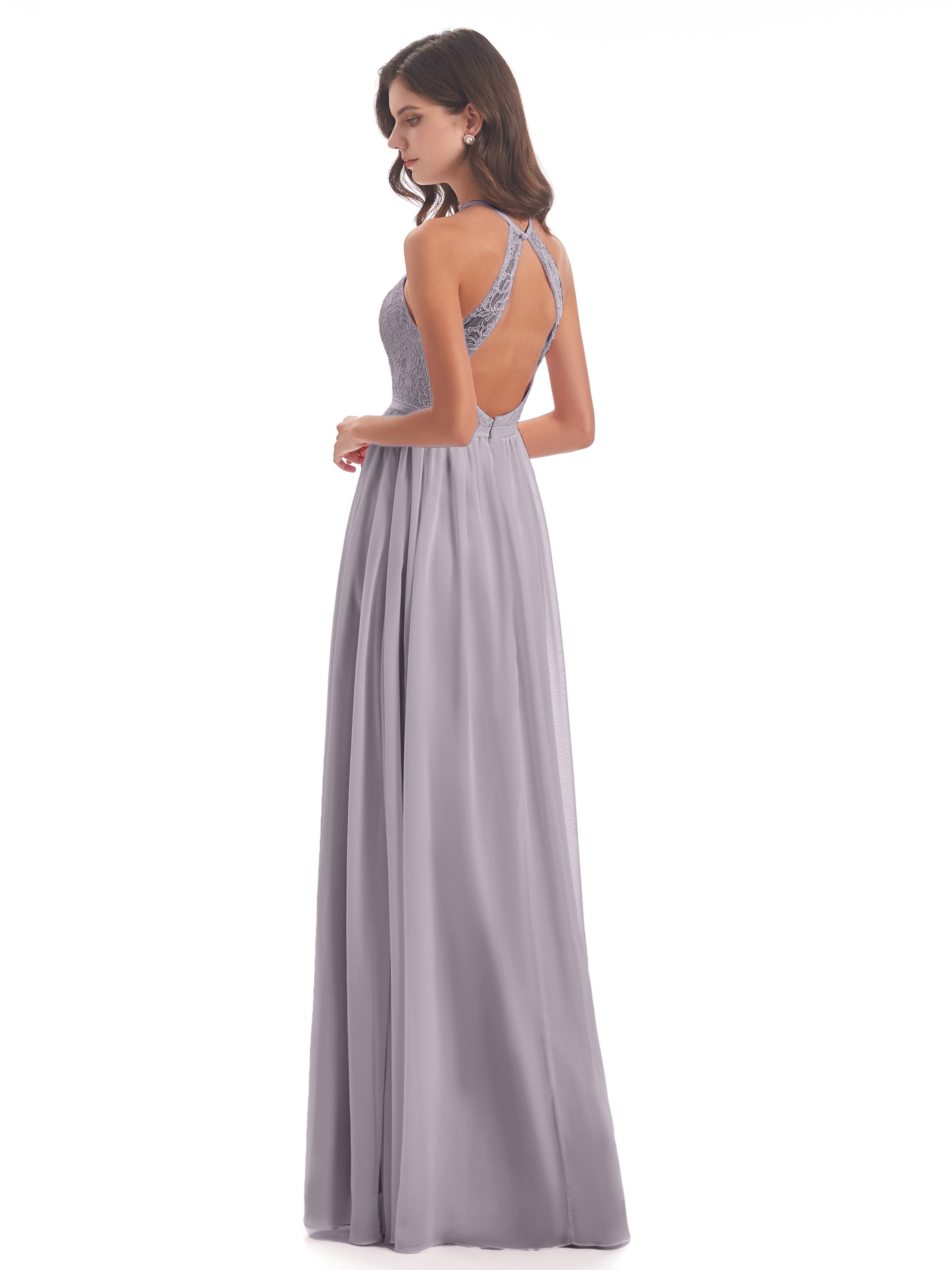 Harper A-line Halter Lace Long Bridesmaid Dresses