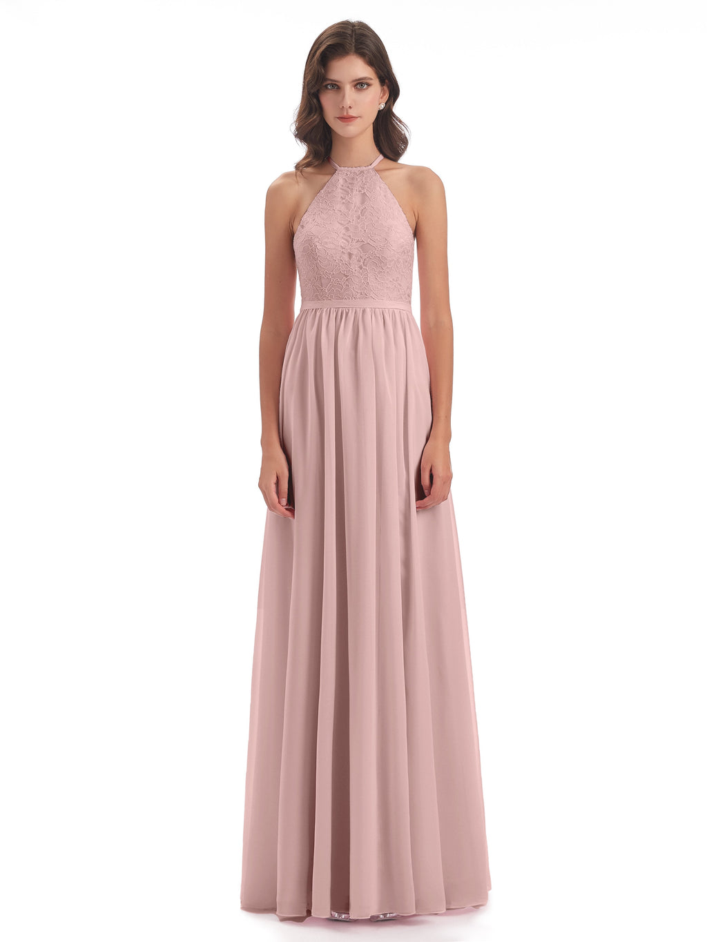 Harper A-line Halter Lace Long Bridesmaid Dresses