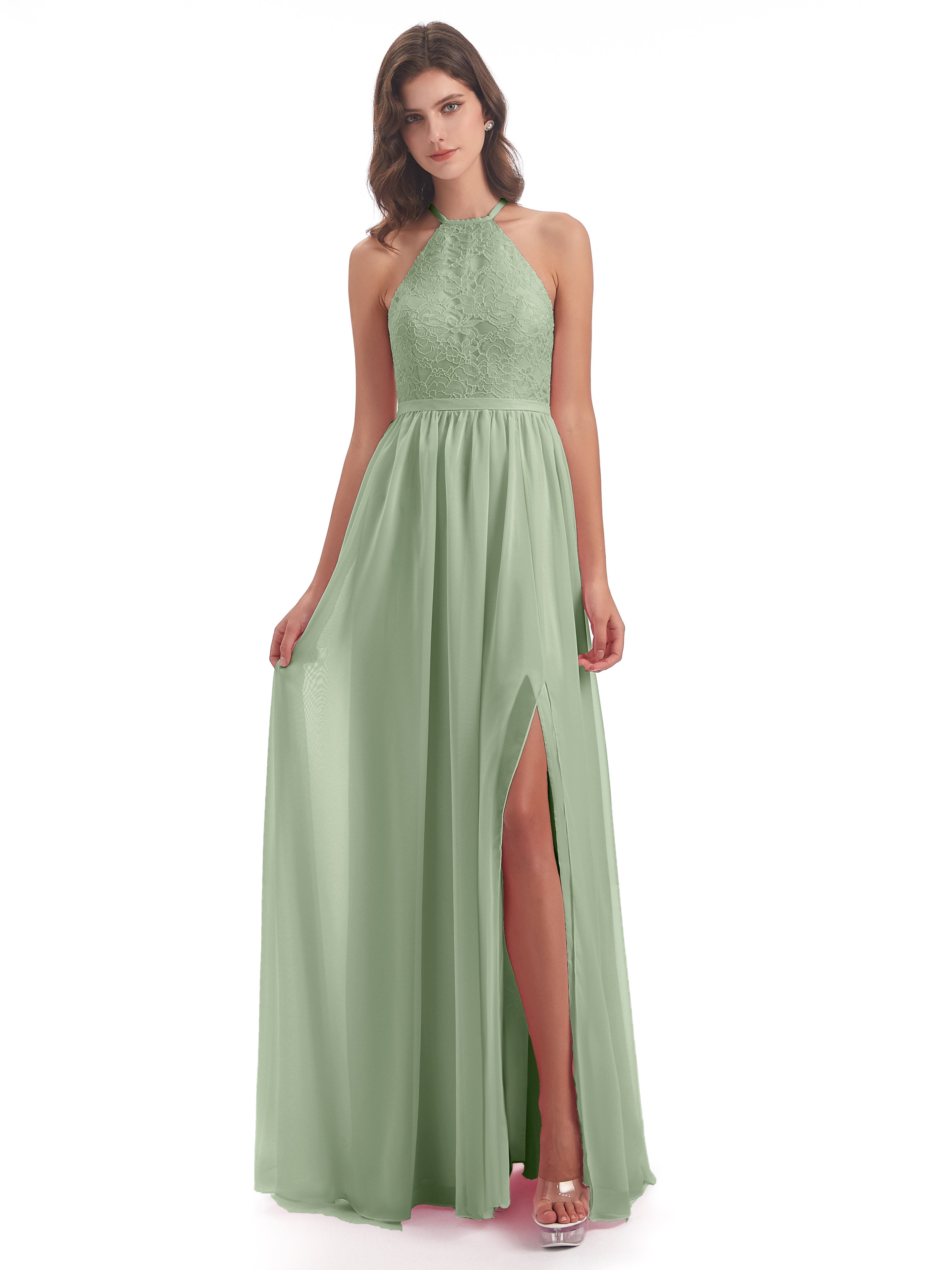 Harper A-line Halter Lace Long Bridesmaid Dresses