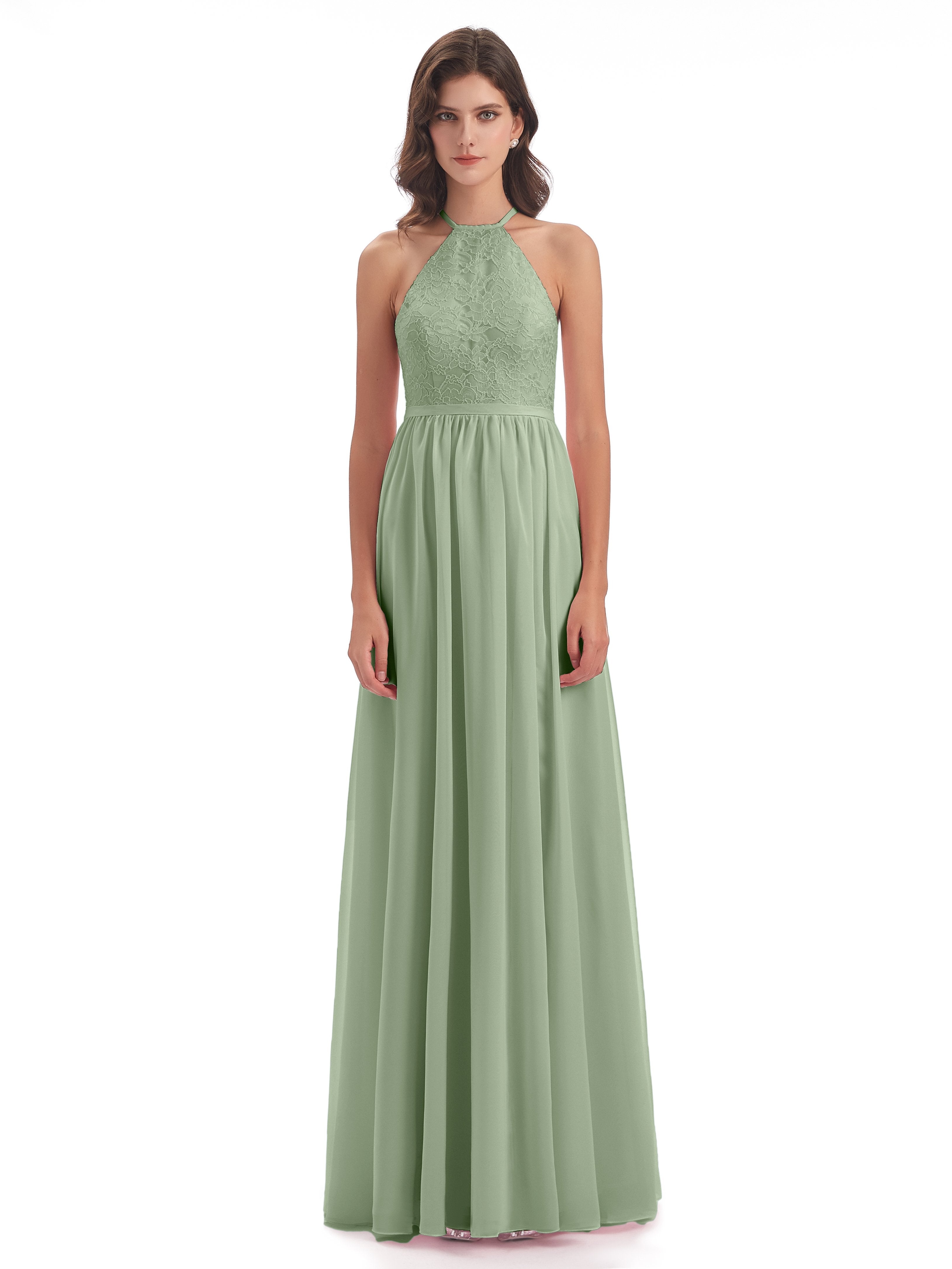 Harper A-line Halter Lace Long Bridesmaid Dresses