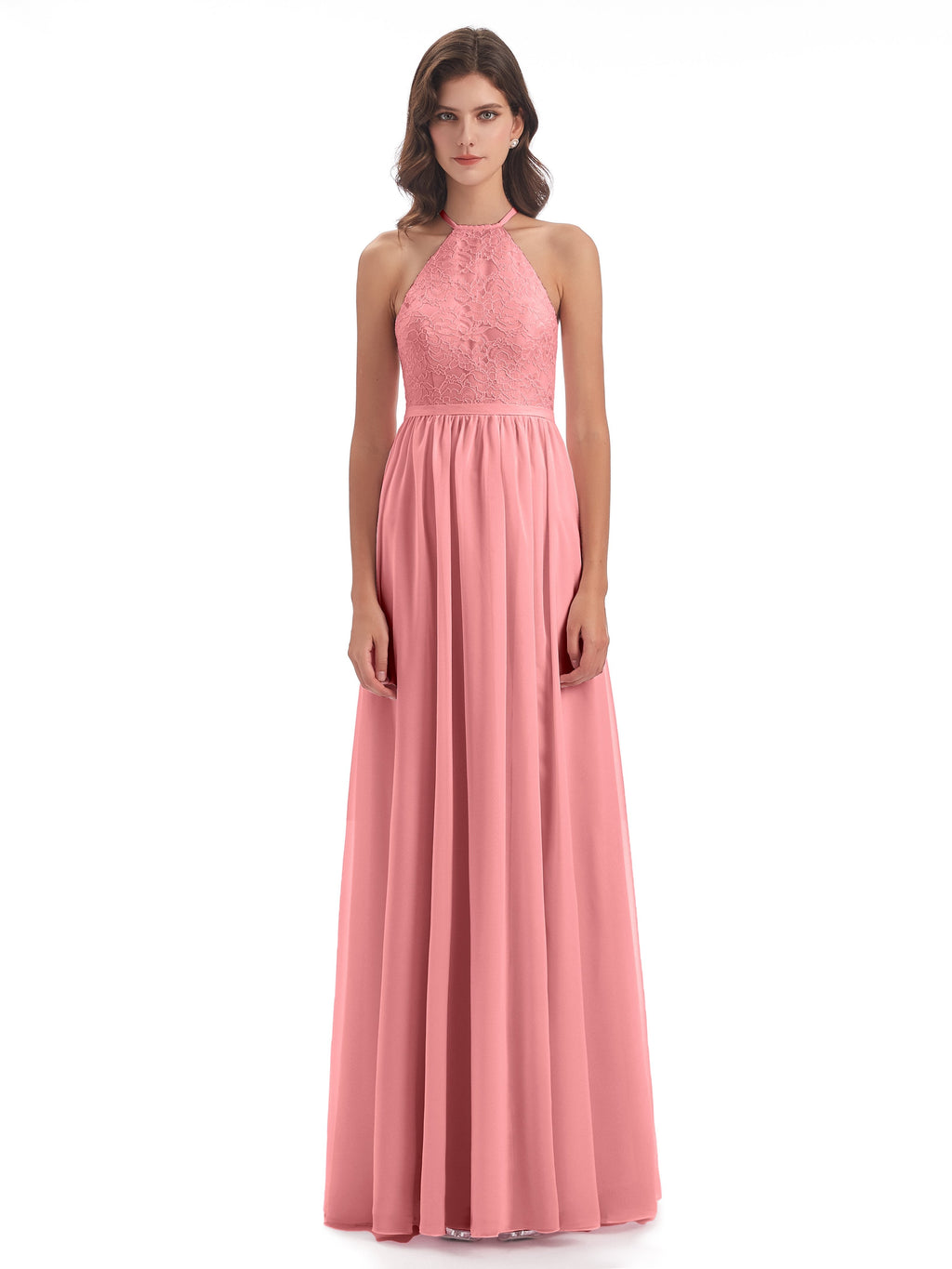 Harper A-line Halter Lace Long Bridesmaid Dresses