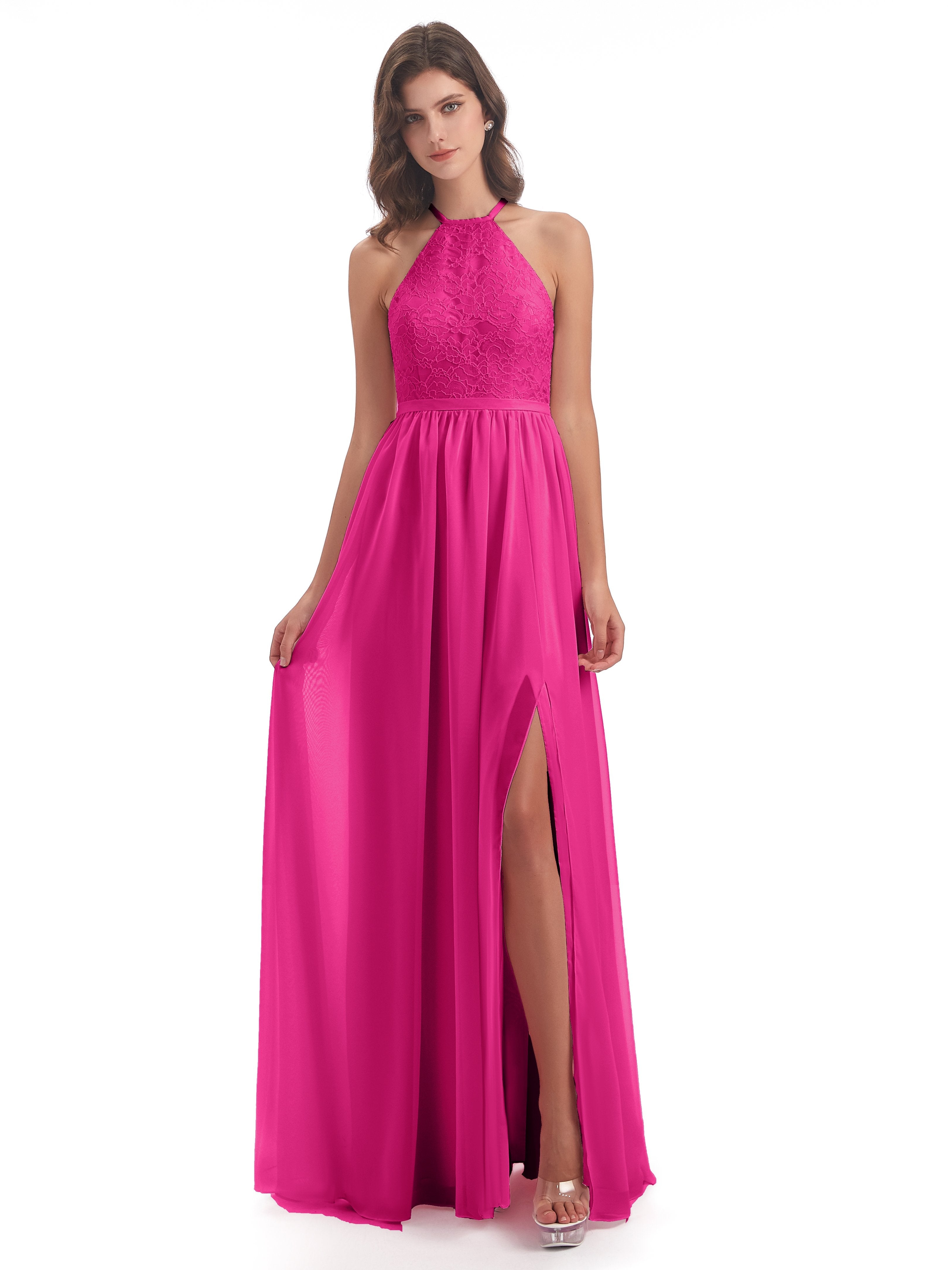 Harper A-line Halter Lace Long Bridesmaid Dresses