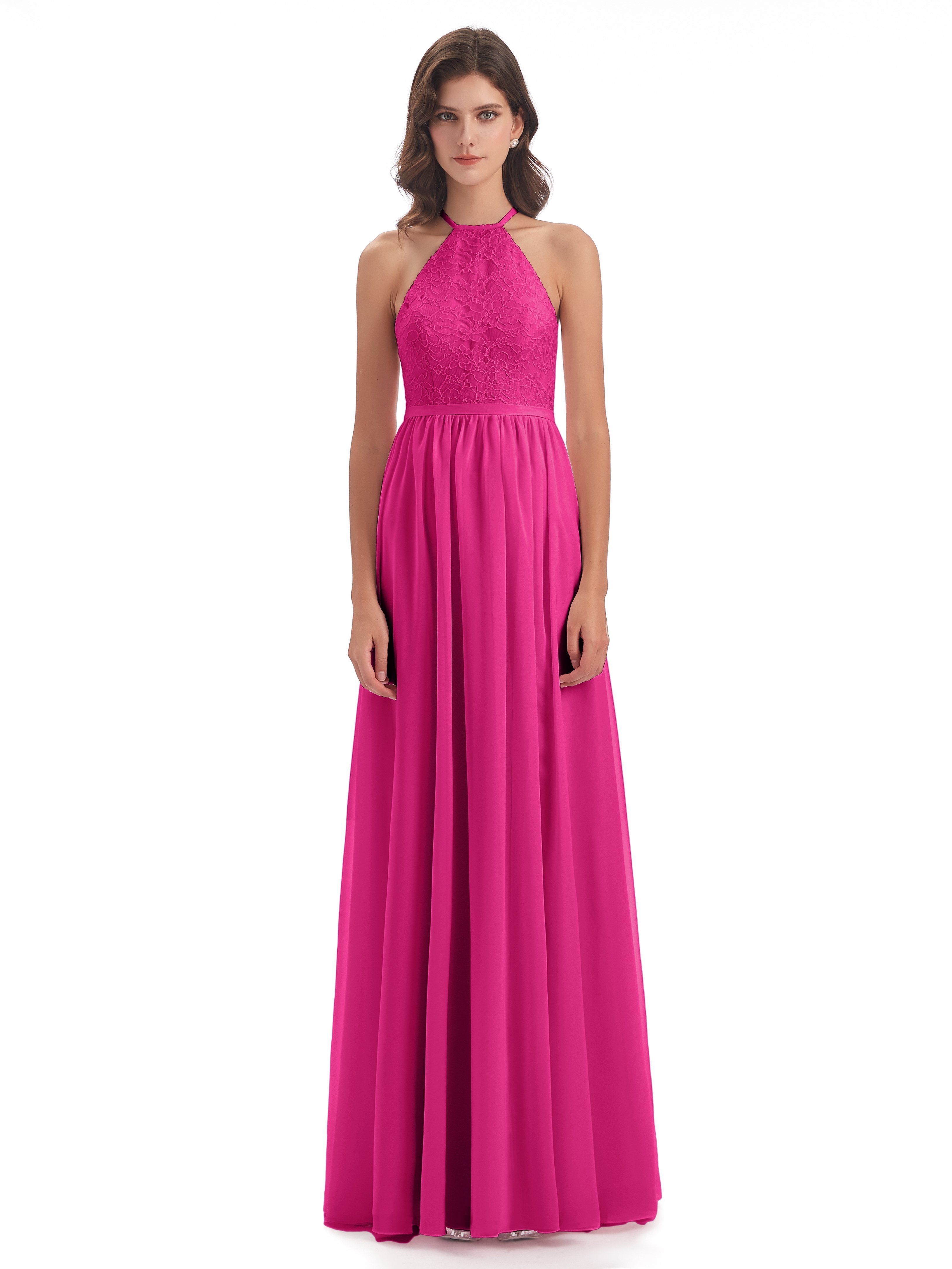 Harper A-line Halter Lace Long Bridesmaid Dresses