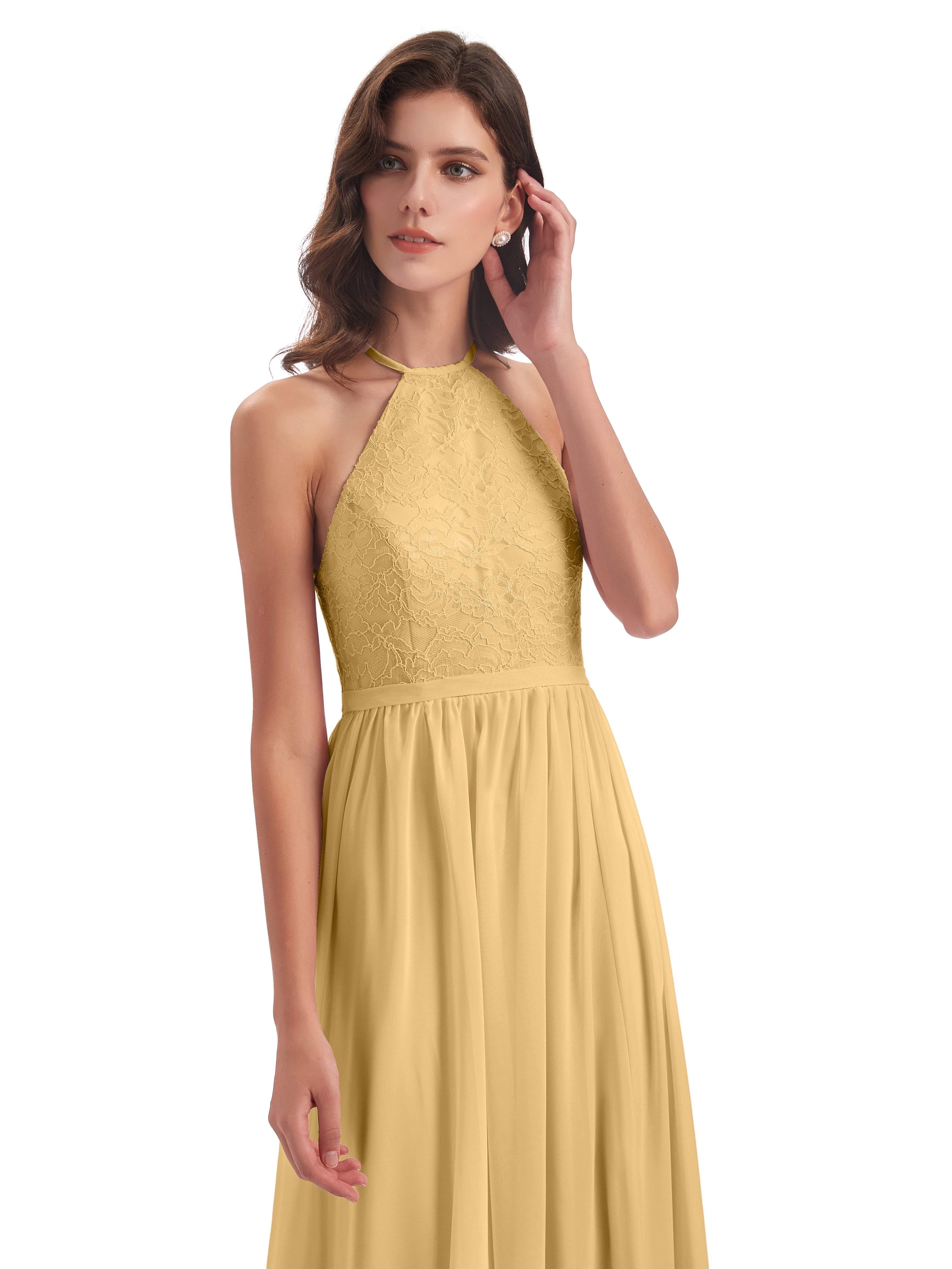 Harper A-line Halter Lace Long Bridesmaid Dresses