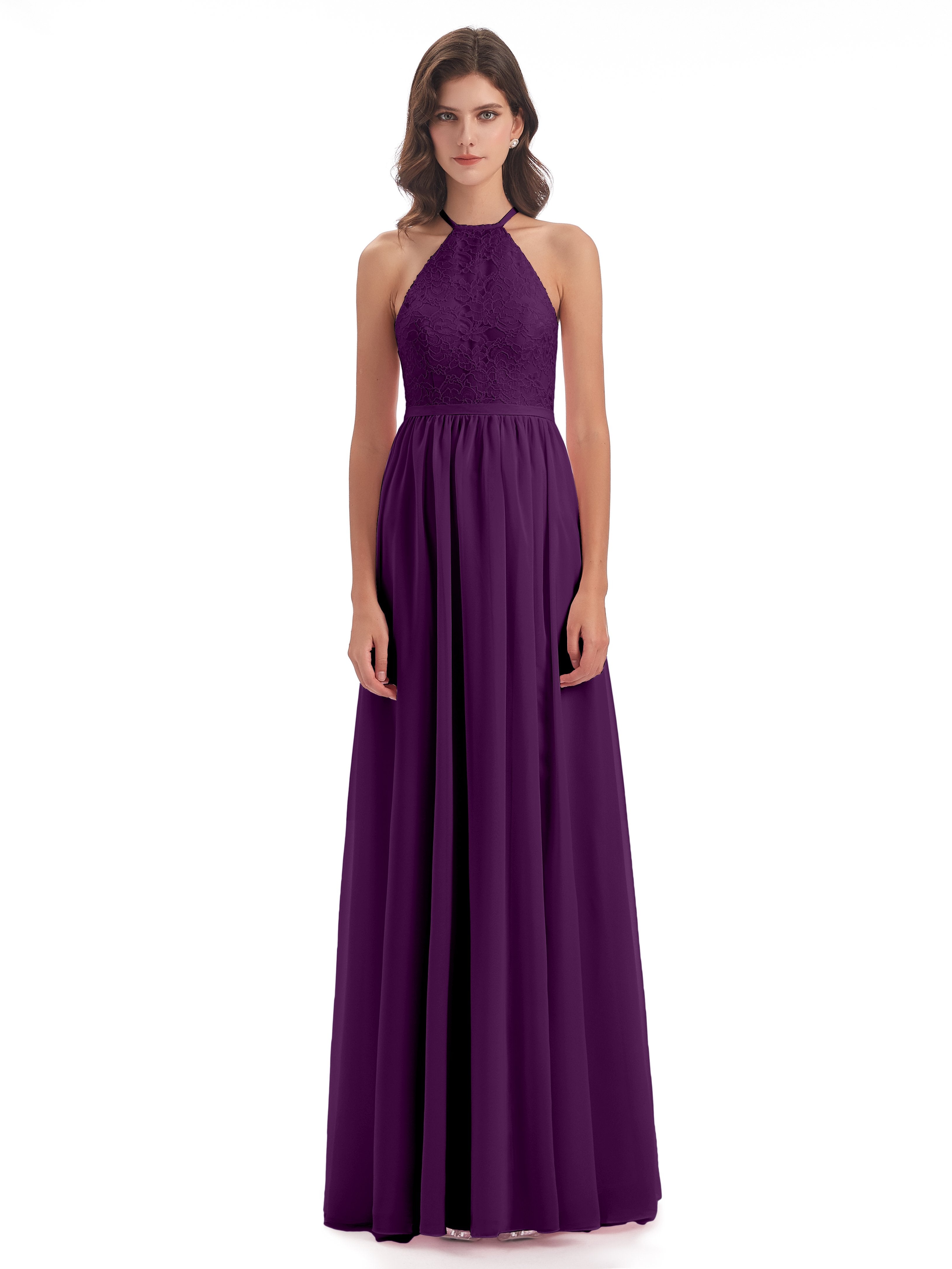 Harper A-line Halter Lace Long Bridesmaid Dresses