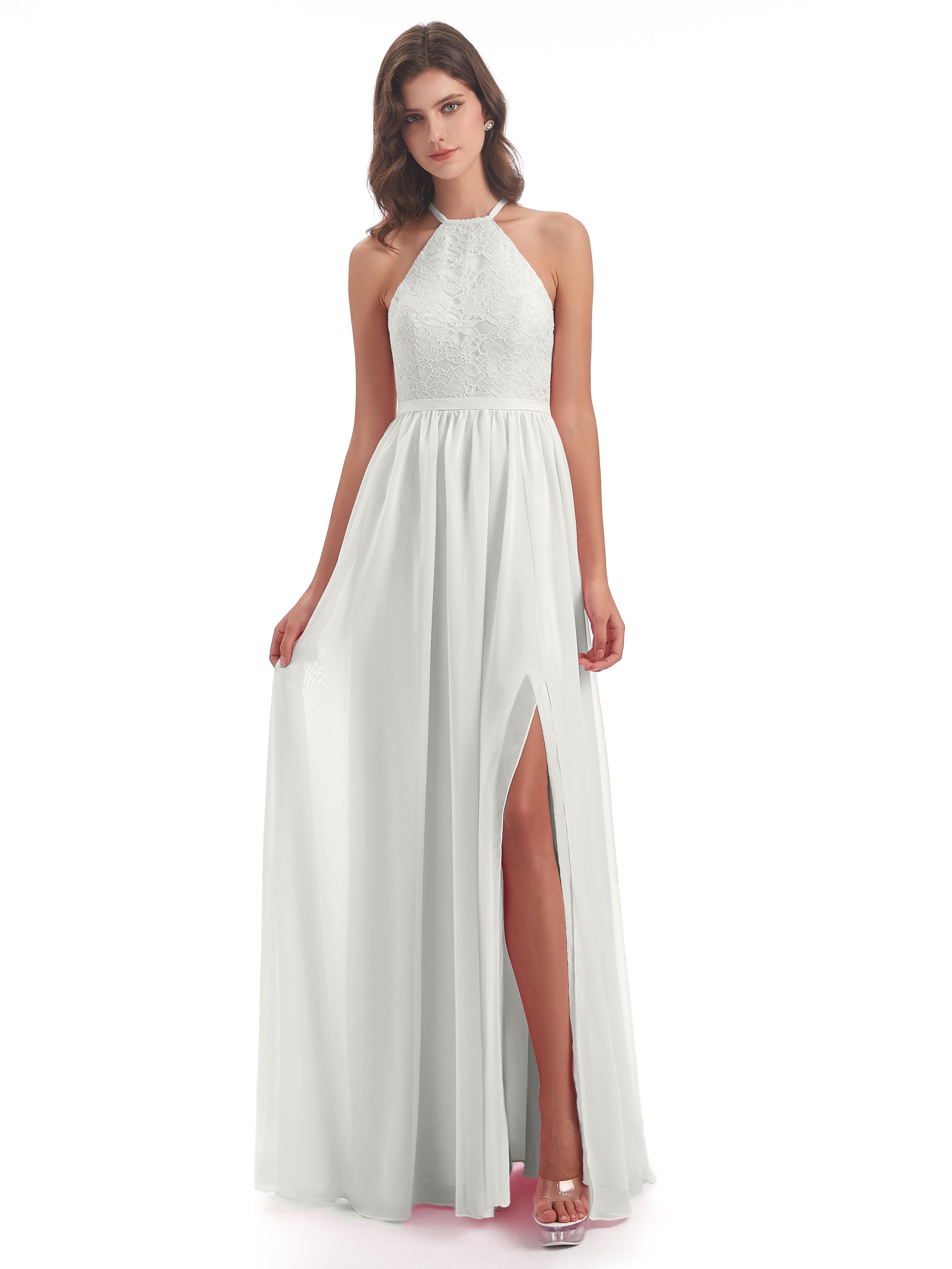 Harper A-line Halter Lace Long Bridesmaid Dresses