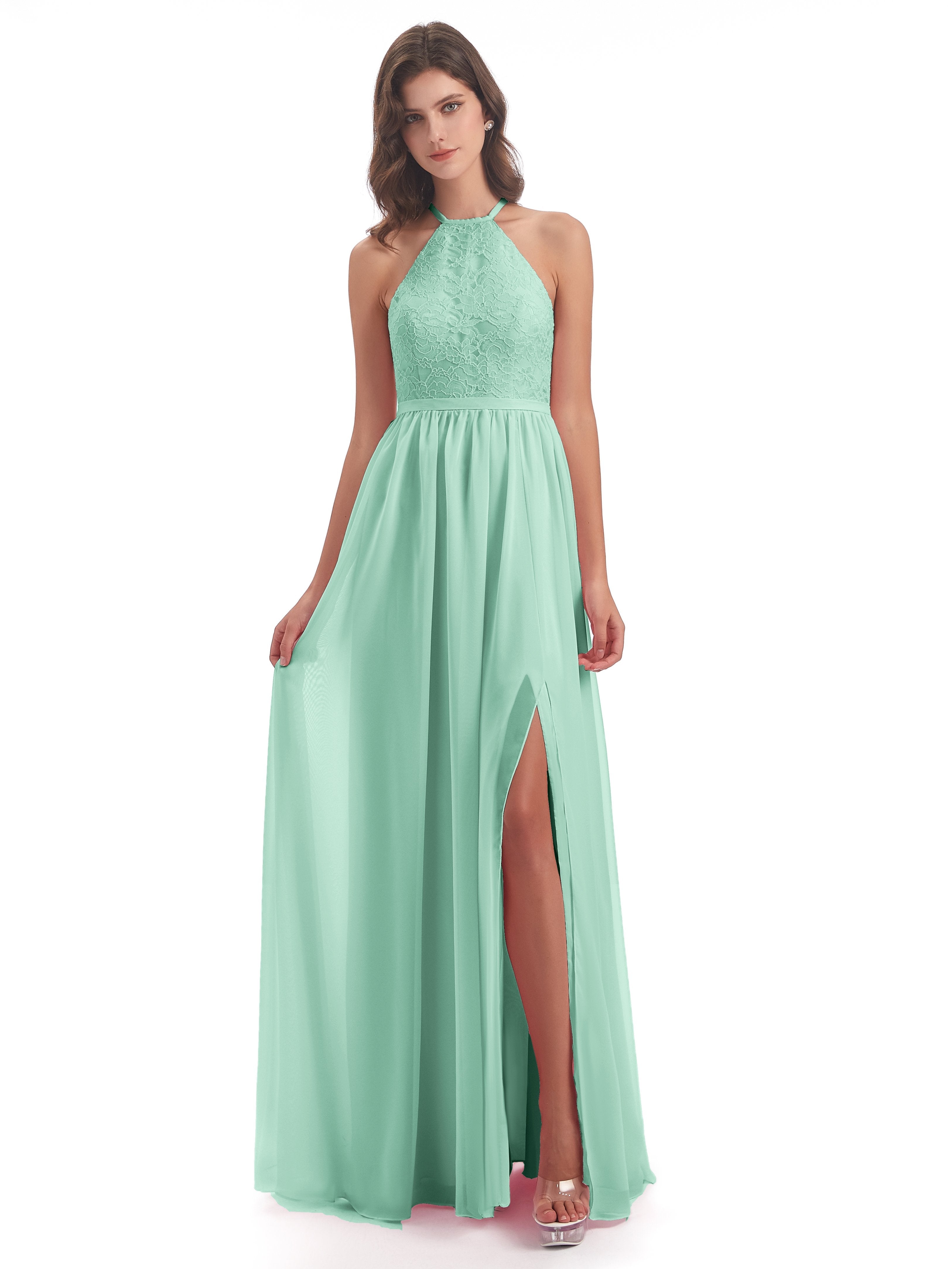 Harper A-line Halter Lace Long Bridesmaid Dresses