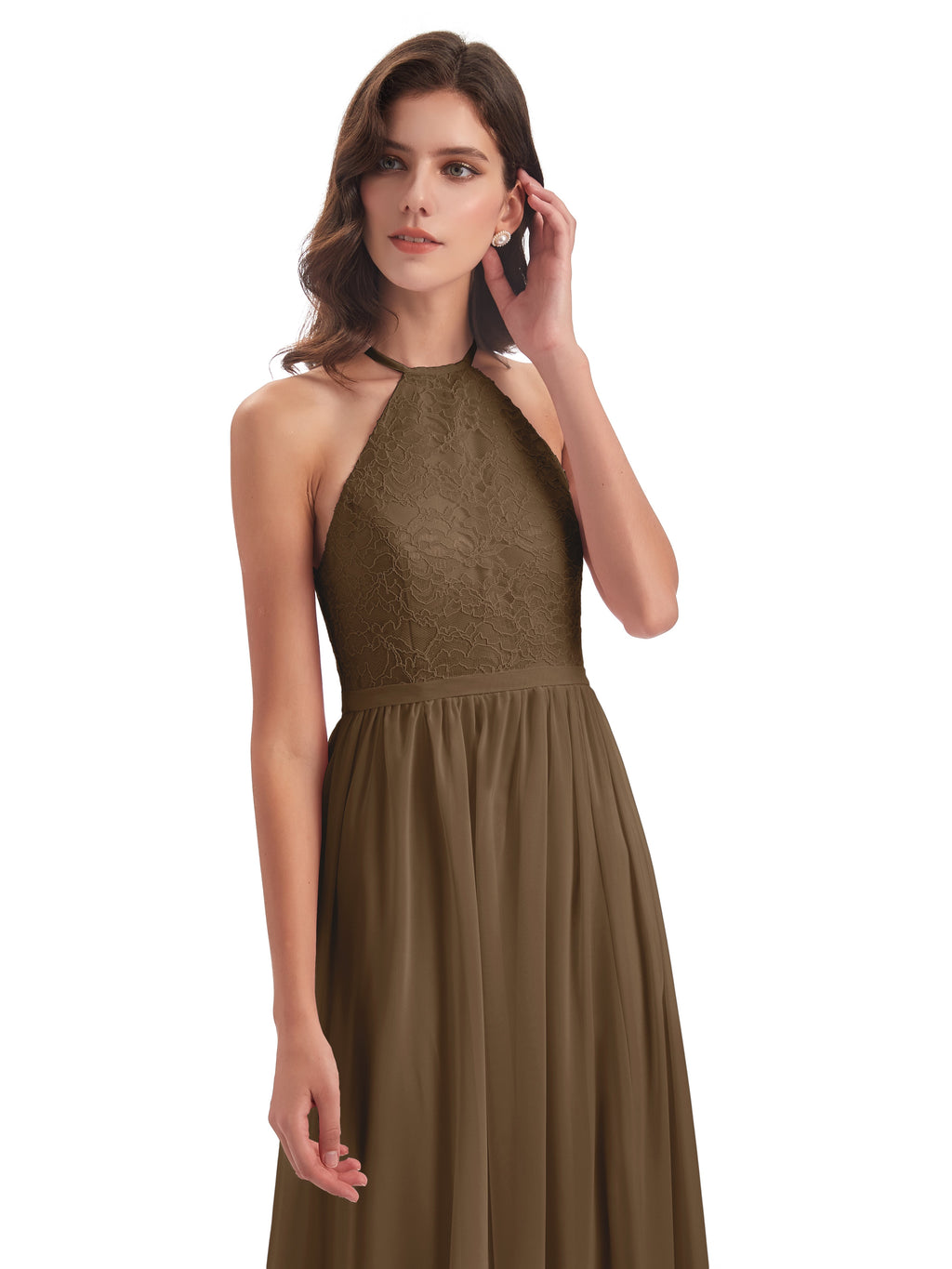 Harper A-line Halter Lace Long Bridesmaid Dresses