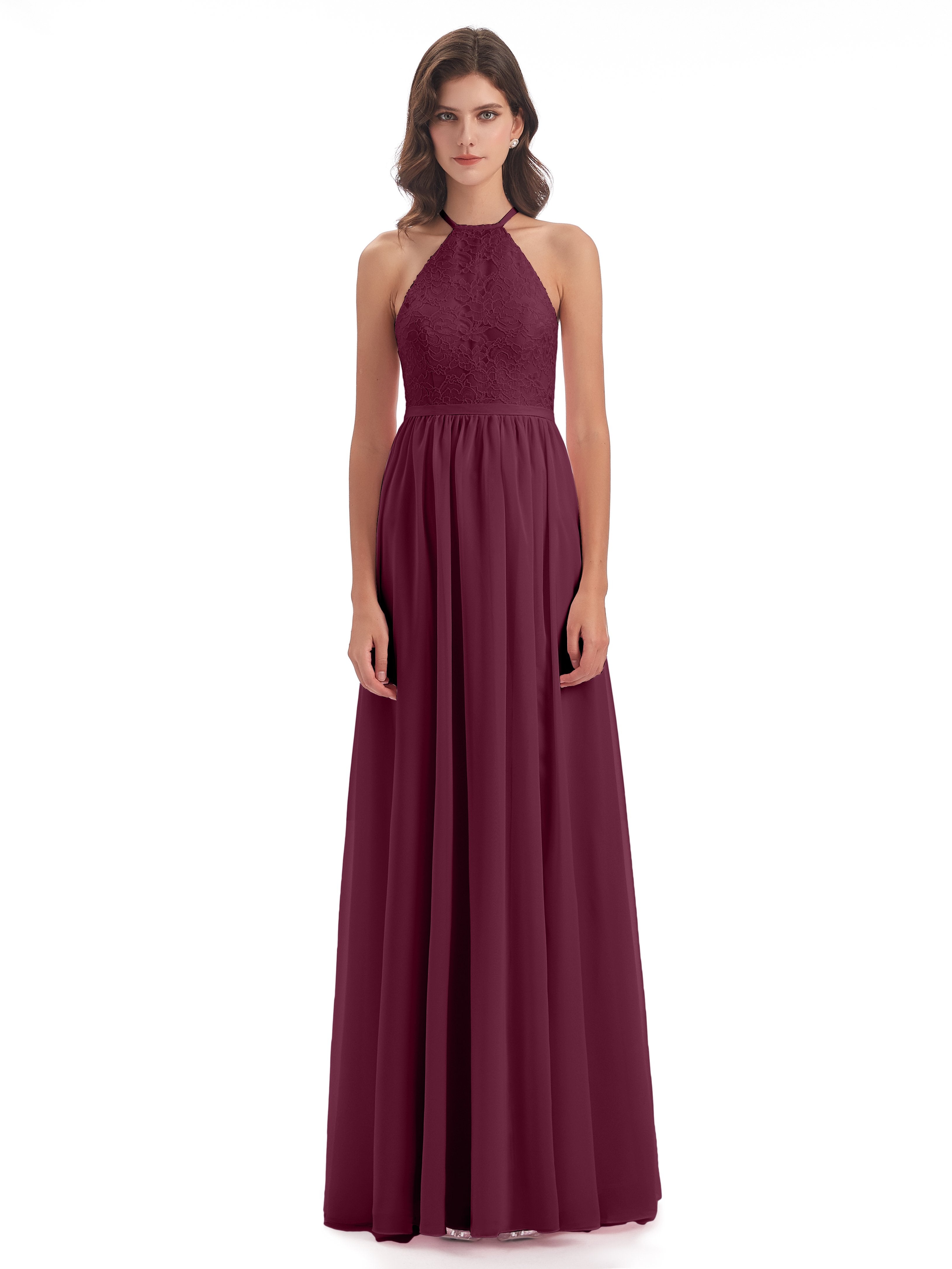 Harper A-line Halter Lace Long Bridesmaid Dresses