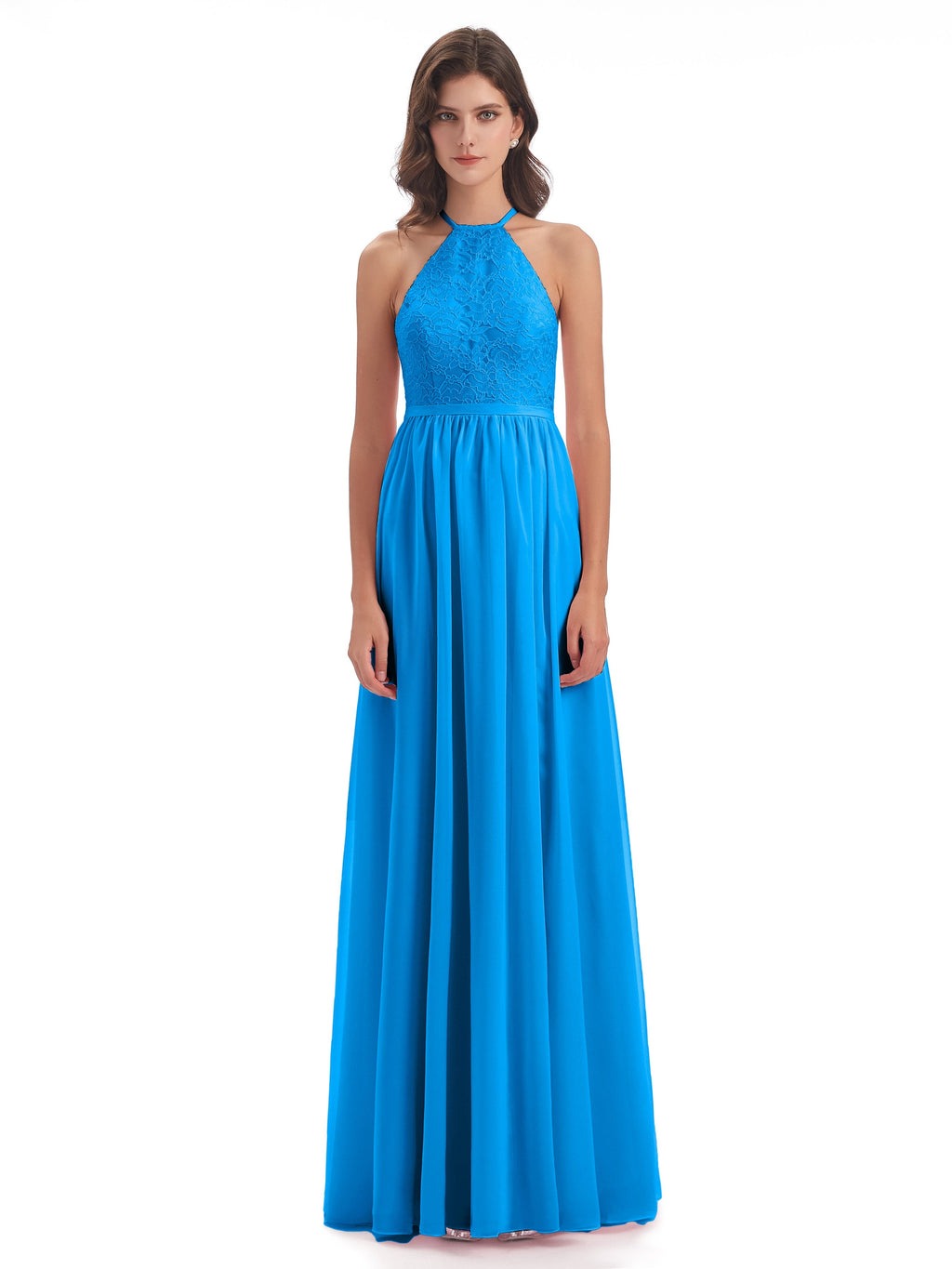 Harper A-line Halter Lace Long Bridesmaid Dresses