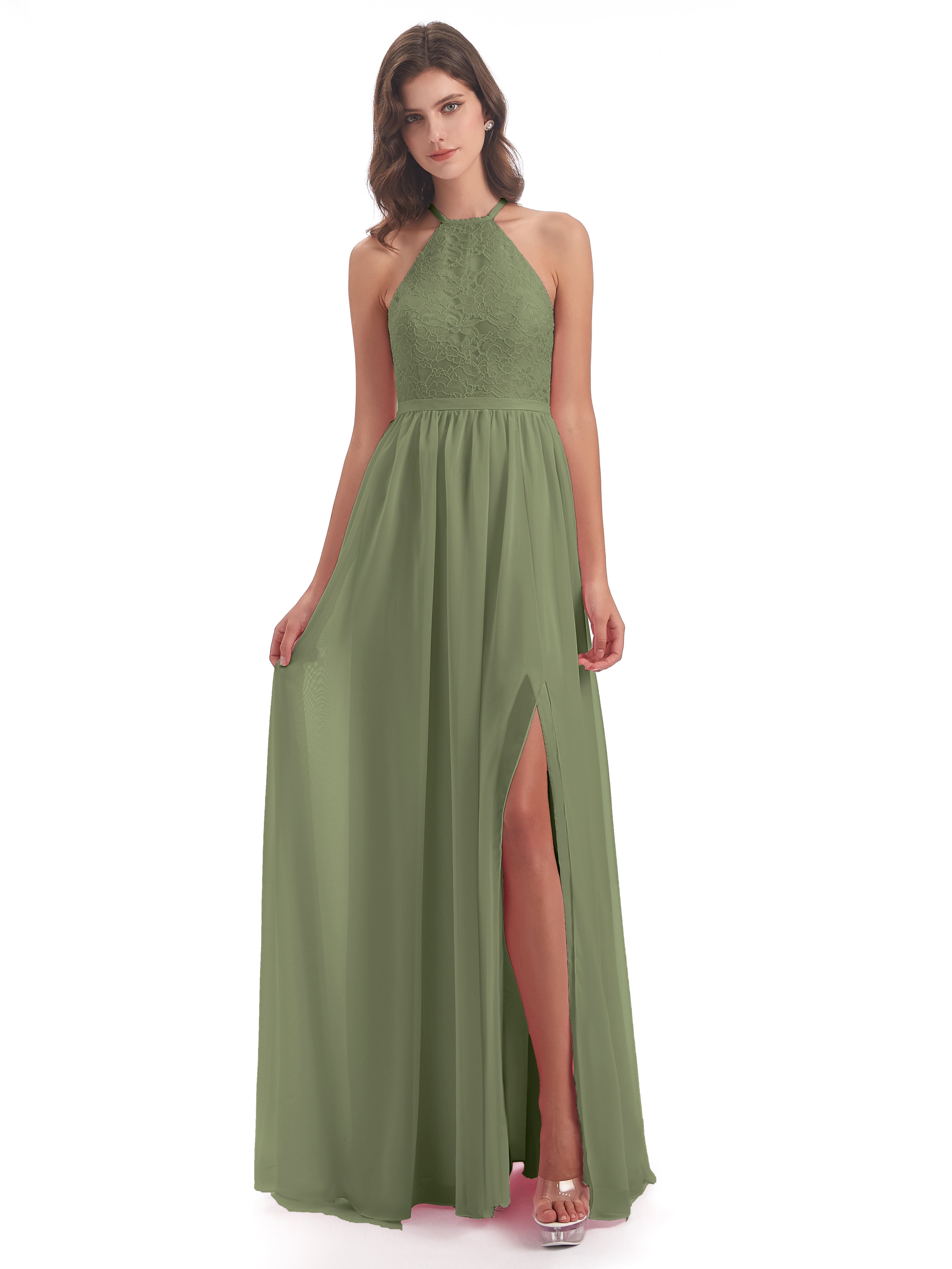 Harper A-line Halter Lace Long Bridesmaid Dresses