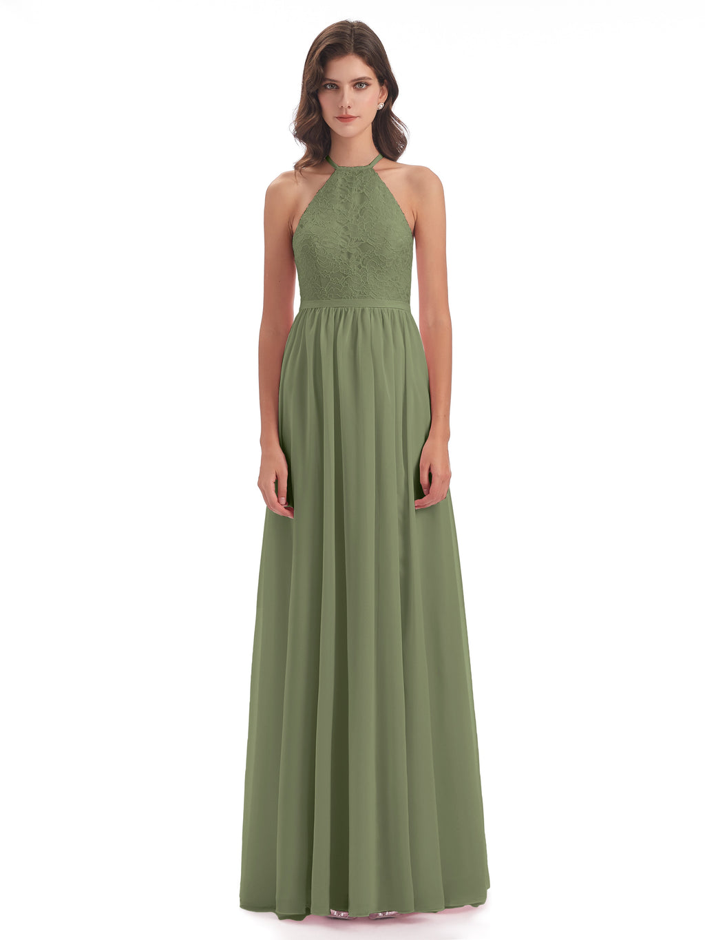 Harper A-line Halter Lace Long Bridesmaid Dresses