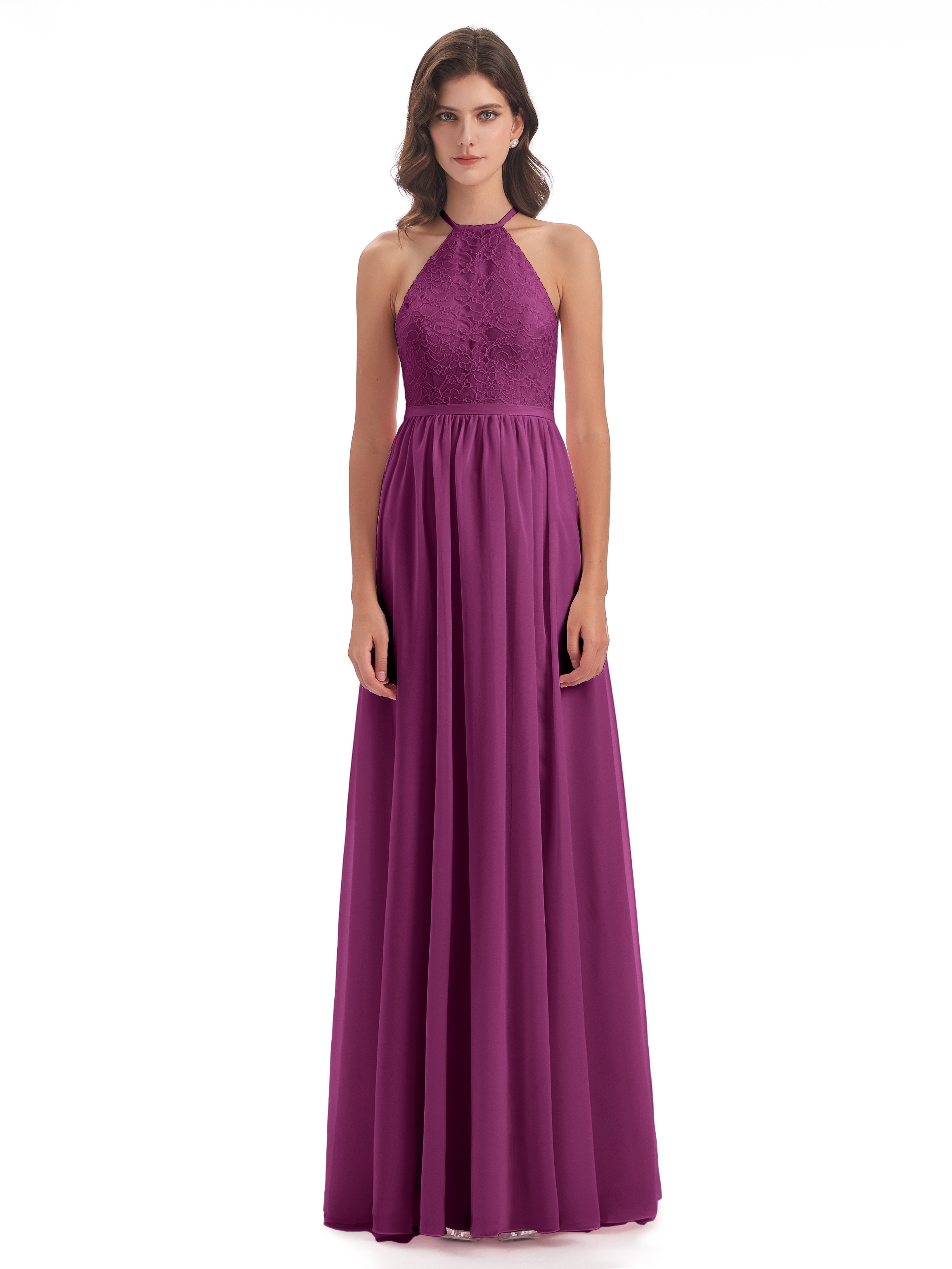 Harper A-line Halter Lace Long Bridesmaid Dresses