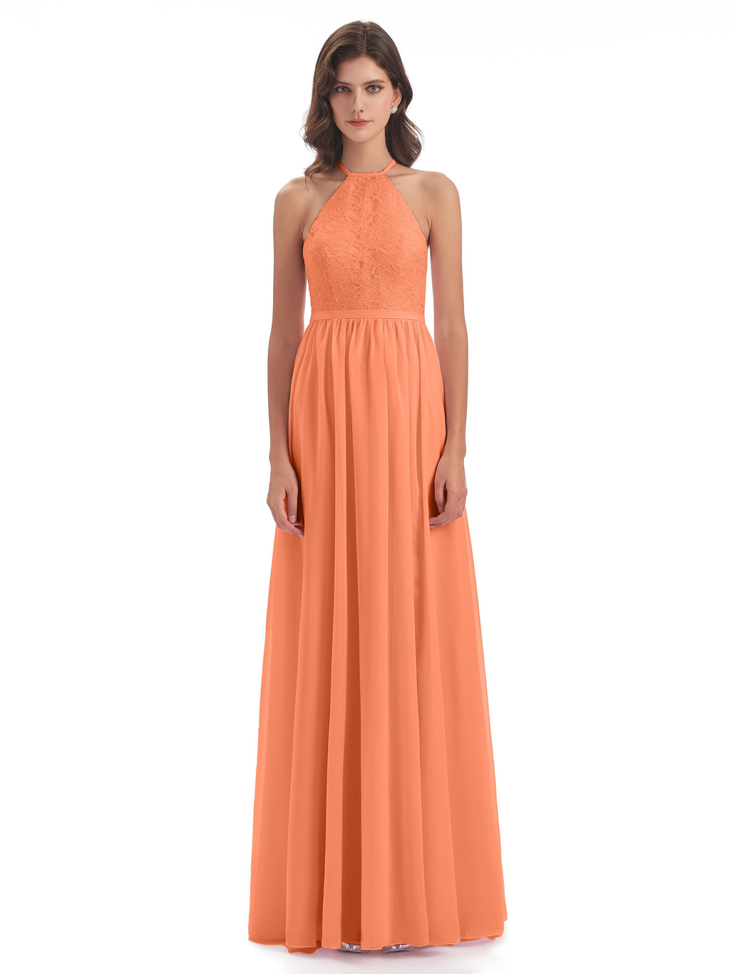 Harper A-line Halter Lace Long Bridesmaid Dresses