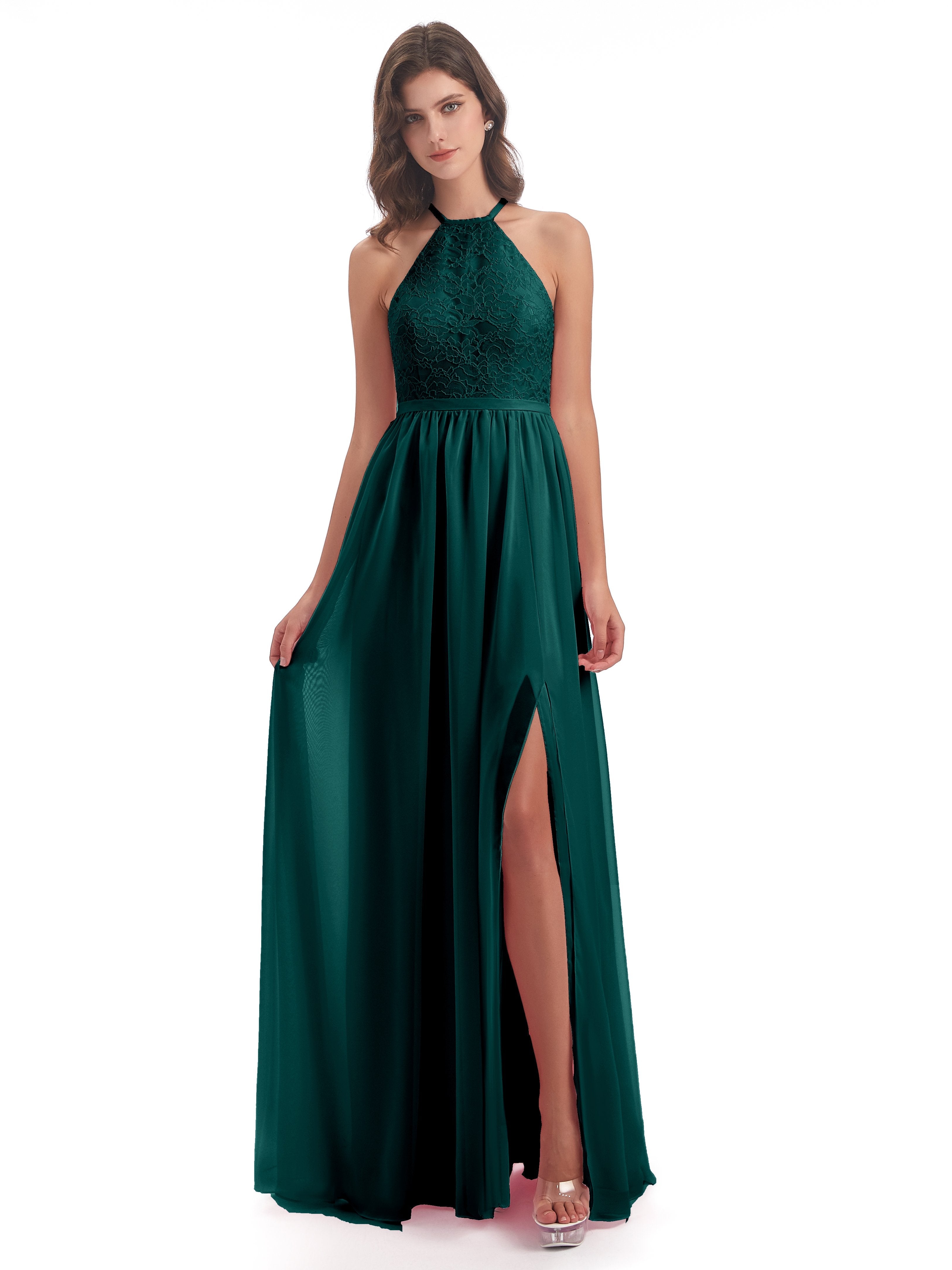 Harper A-line Halter Lace Long Bridesmaid Dresses