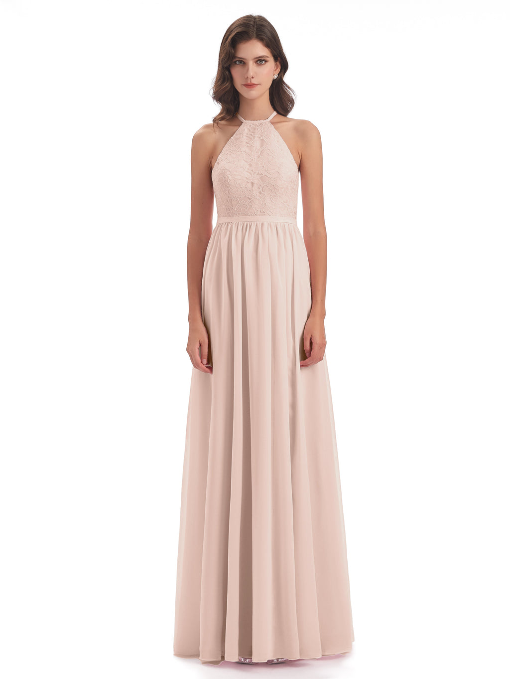 Harper A-line Halter Lace Long Bridesmaid Dresses