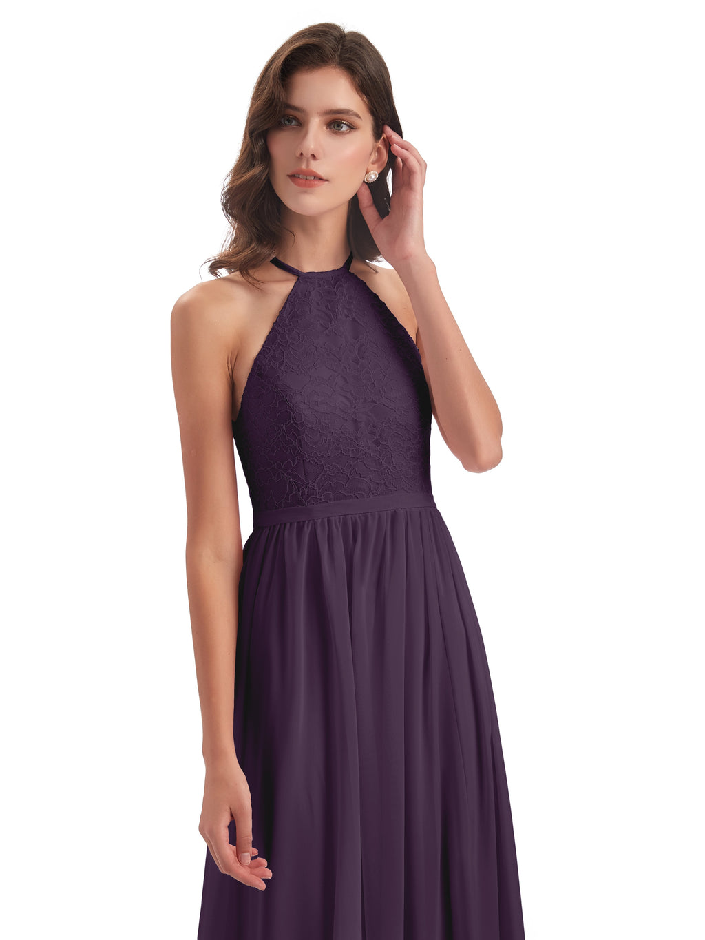Harper A-line Halter Lace Long Bridesmaid Dresses
