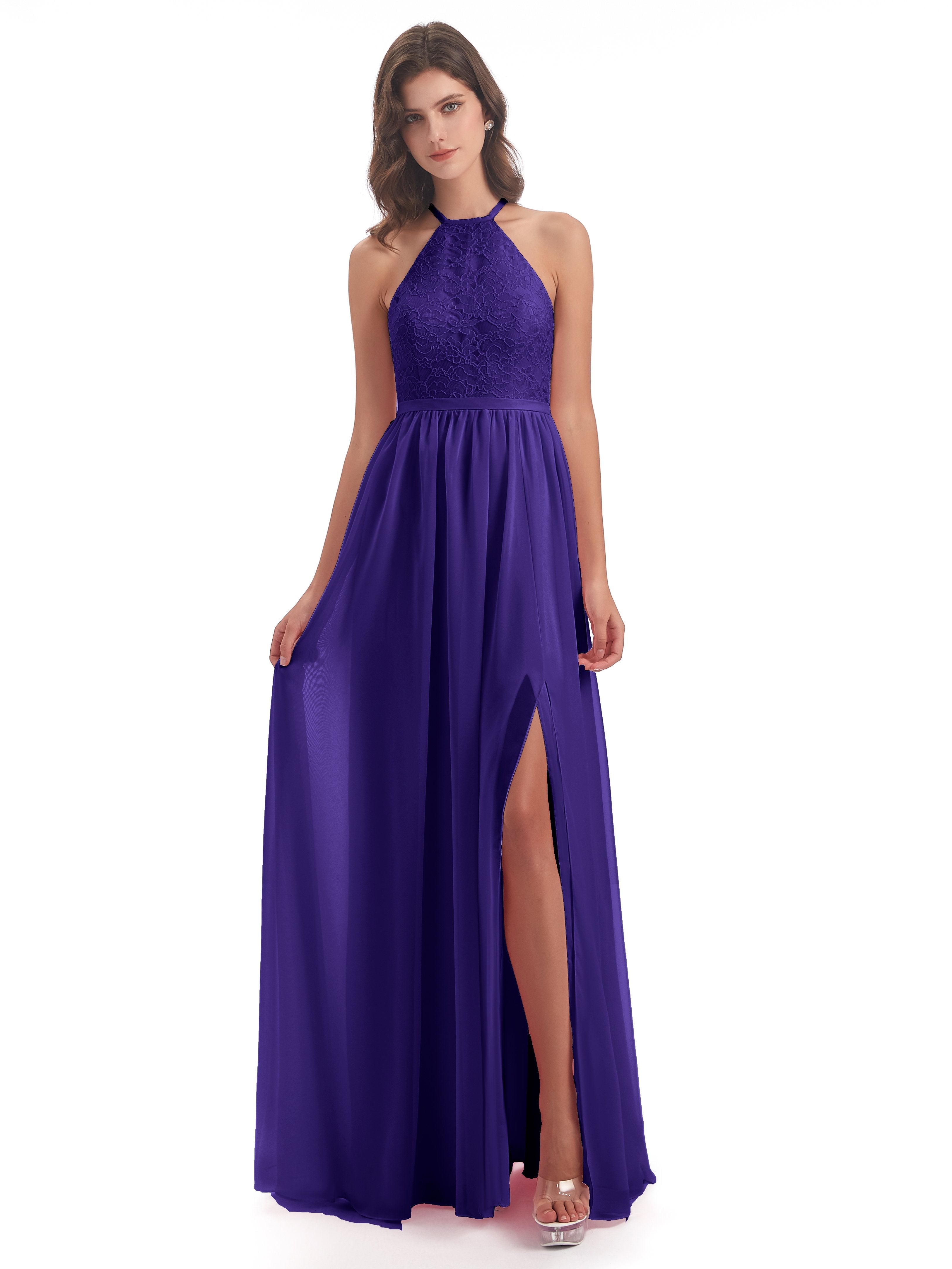 Harper A-line Halter Lace Long Bridesmaid Dresses