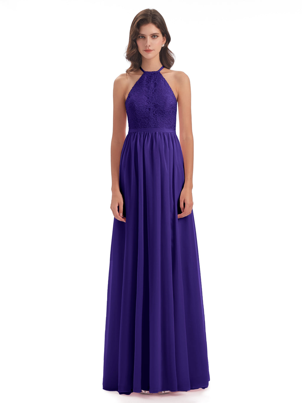Harper A-line Halter Lace Long Bridesmaid Dresses