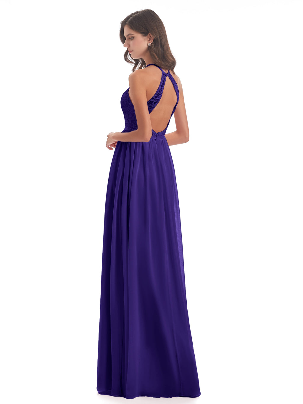 Harper A-line Halter Lace Long Bridesmaid Dresses