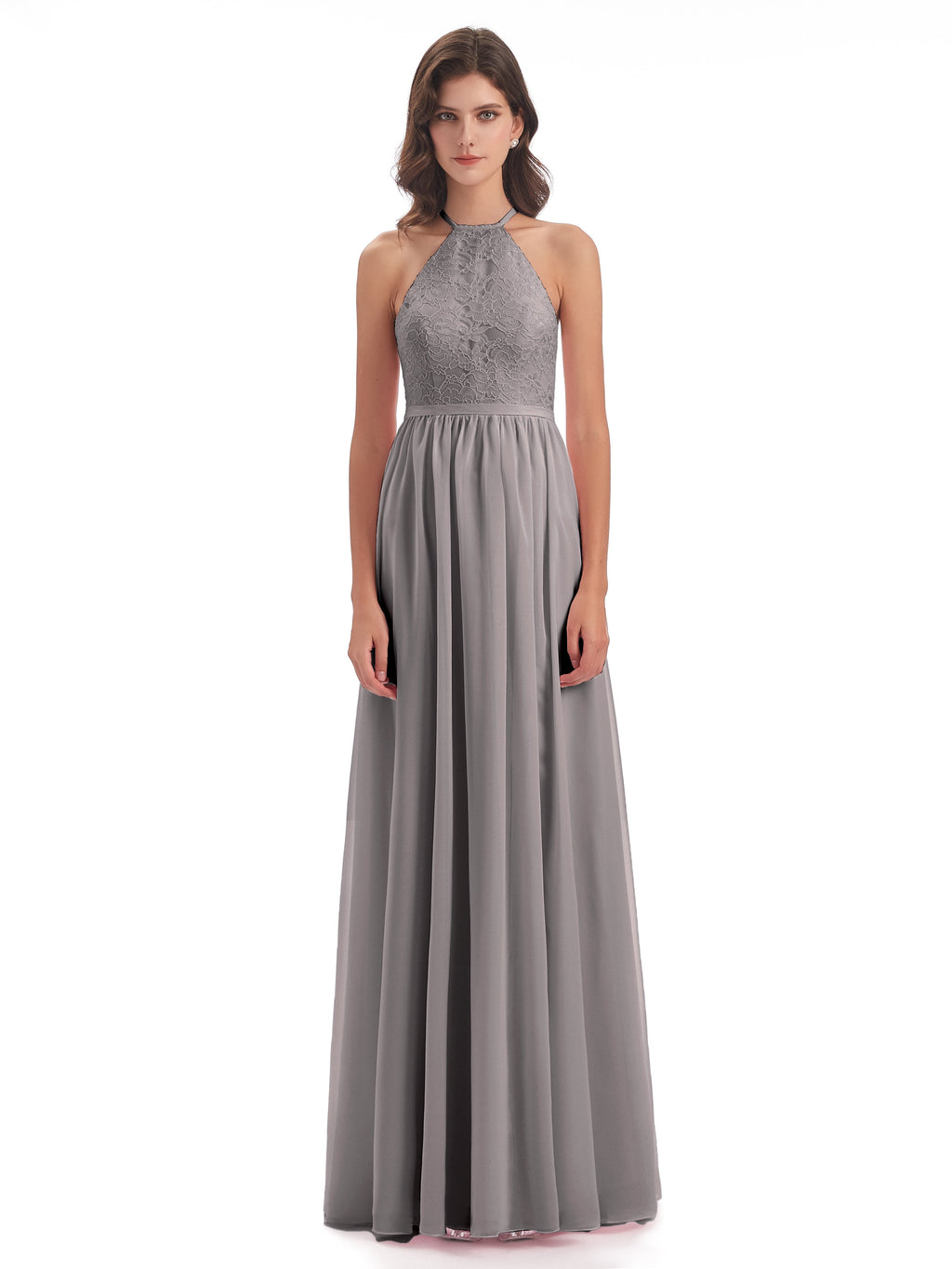 Harper A-line Halter Lace Long Bridesmaid Dresses