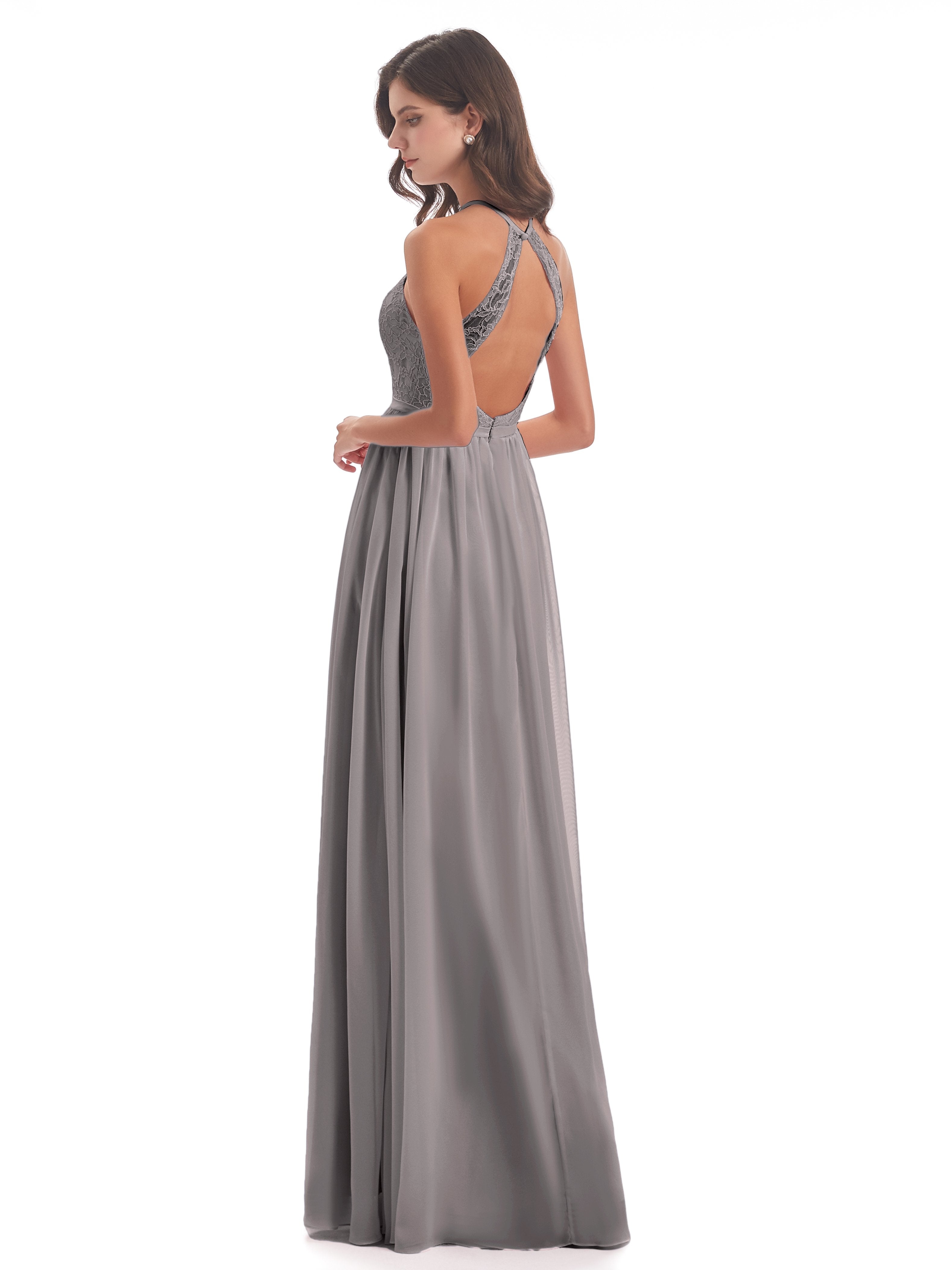 Harper A-line Halter Lace Long Bridesmaid Dresses