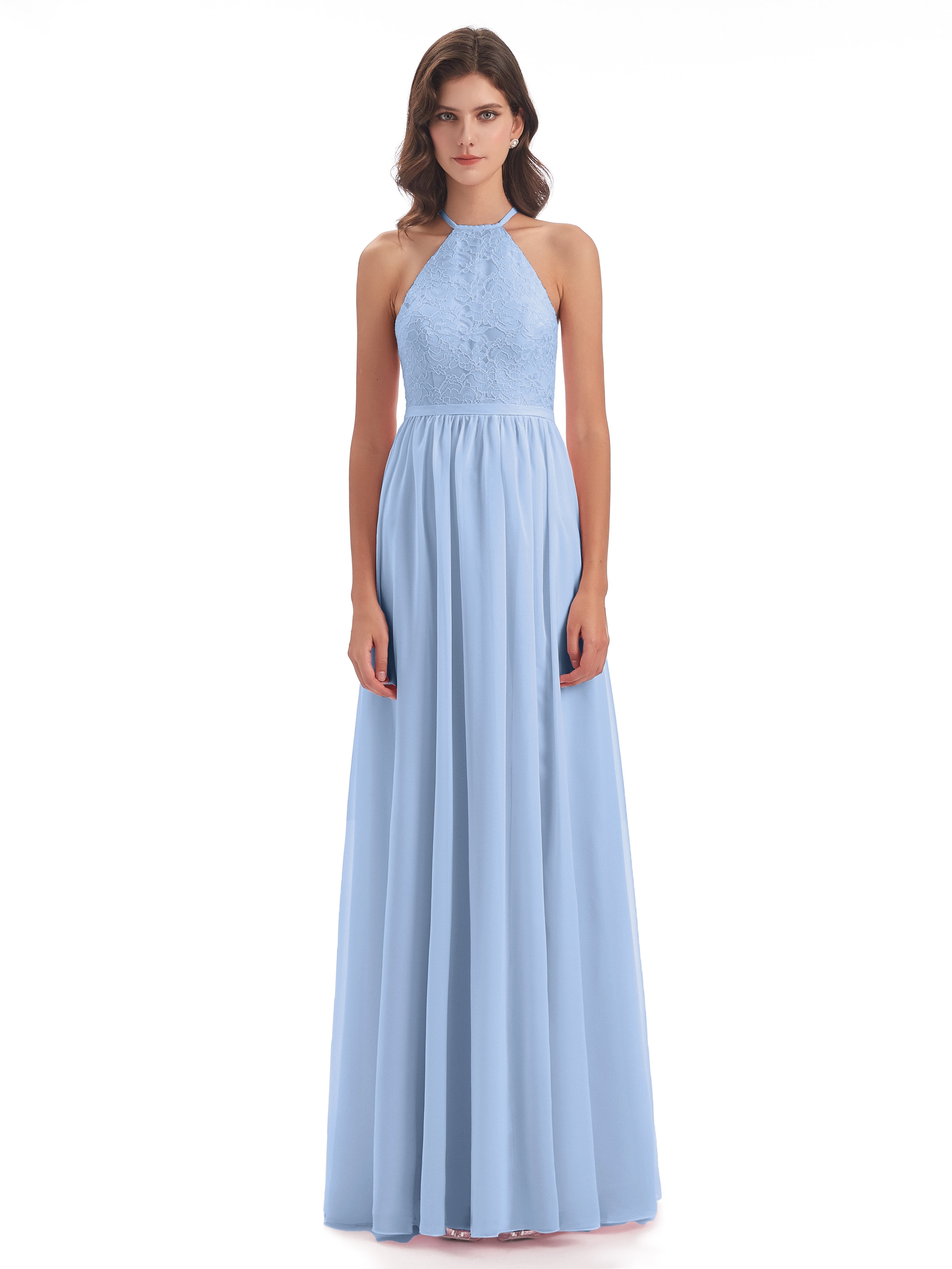 Harper A-line Halter Lace Long Bridesmaid Dresses
