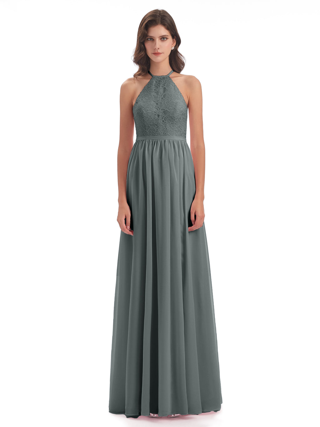 Harper A-line Halter Lace Long Bridesmaid Dresses