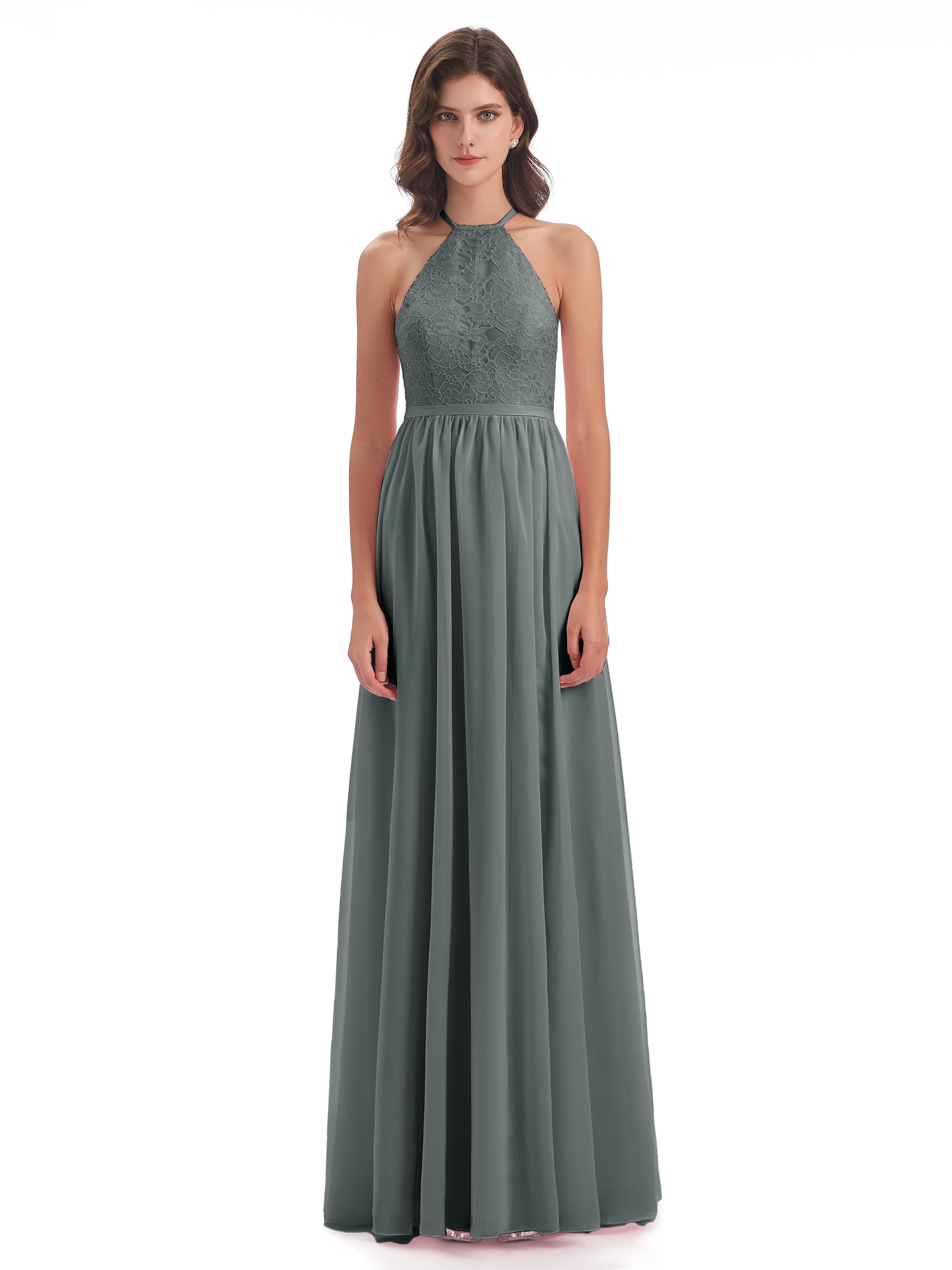 Harper A-line Halter Lace Long Bridesmaid Dresses