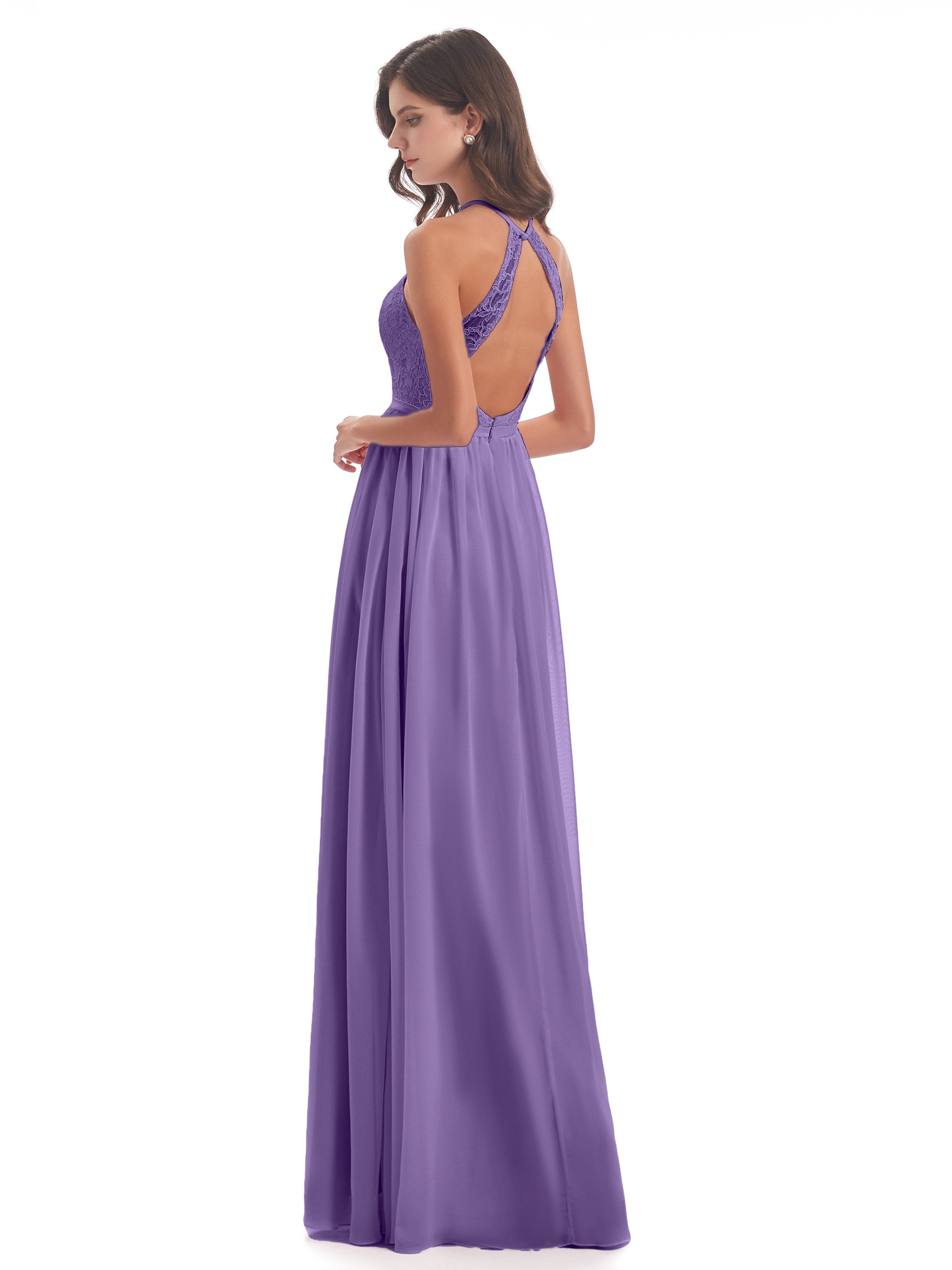 Harper A-line Halter Lace Long Bridesmaid Dresses
