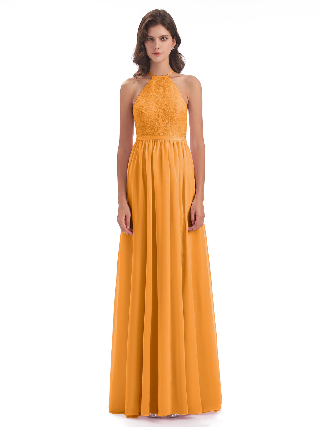 Harper A-line Halter Lace Long Bridesmaid Dresses