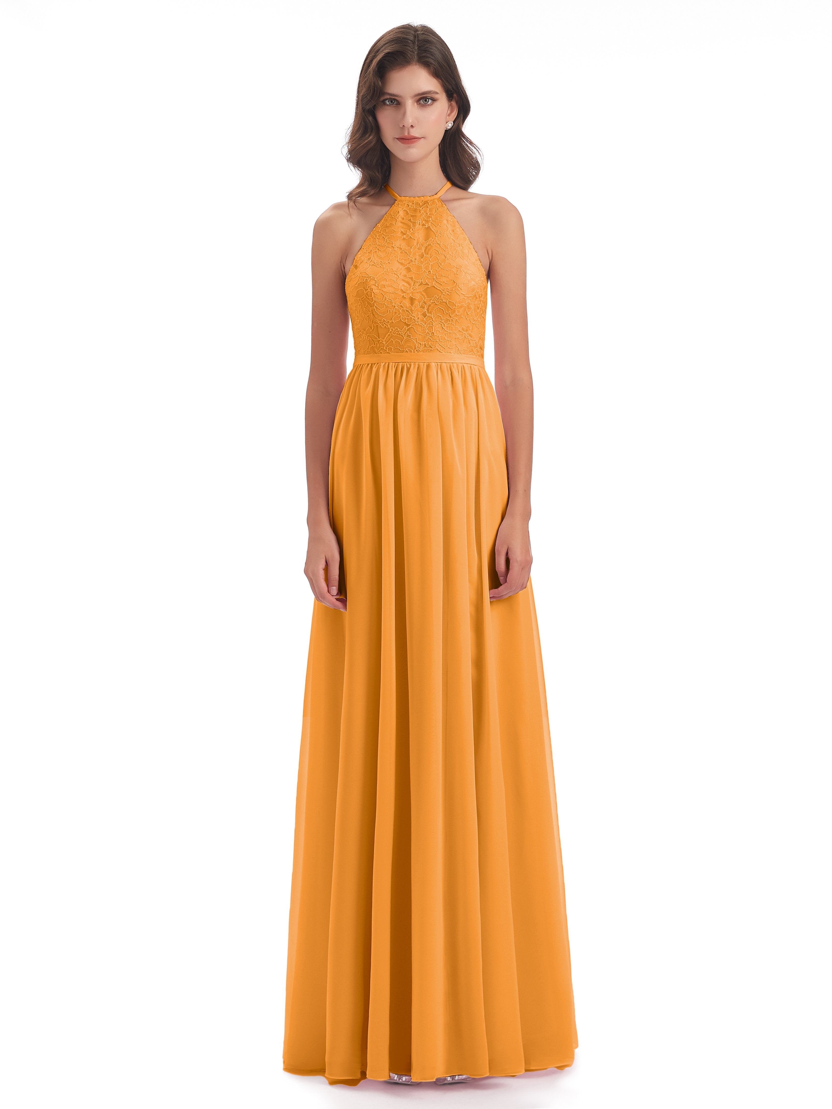 Harper A-line Halter Lace Long Bridesmaid Dresses