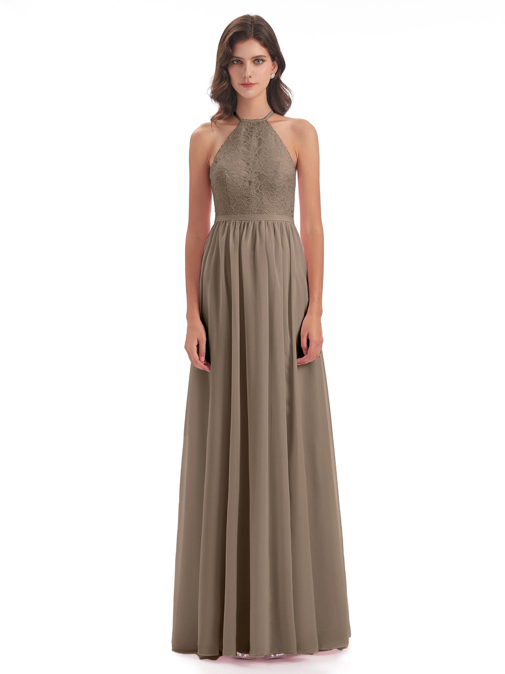 Harper A-line Halter Lace Long Bridesmaid Dresses