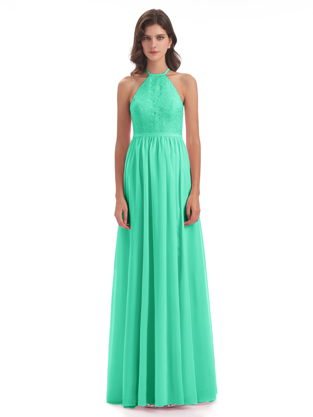 Harper A-line Halter Lace Long Bridesmaid Dresses