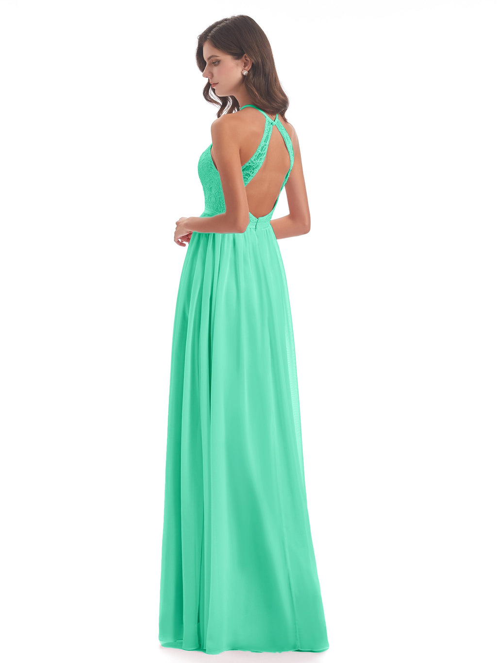 Harper A-line Halter Lace Long Bridesmaid Dresses