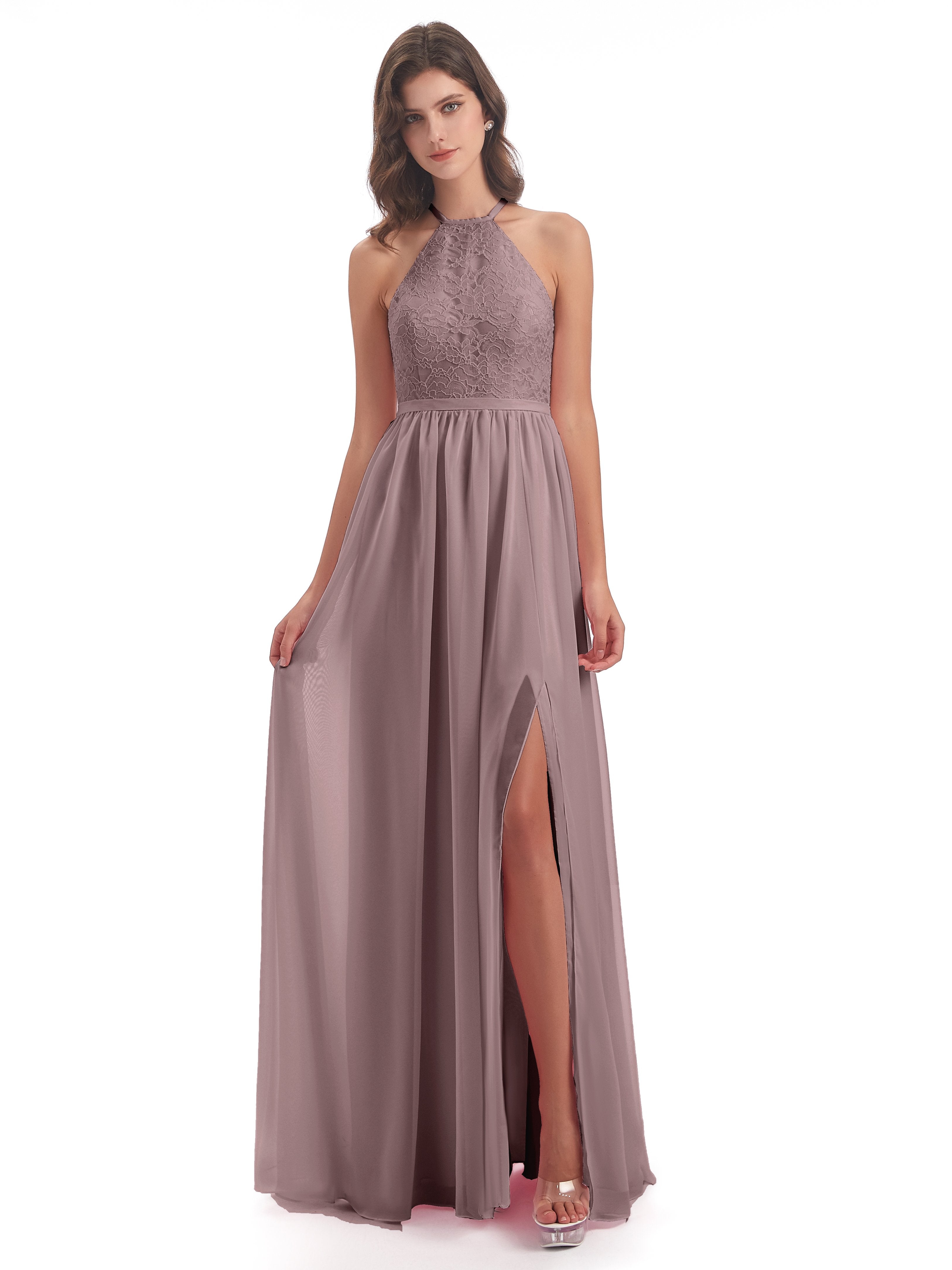 Harper A-line Halter Lace Long Bridesmaid Dresses
