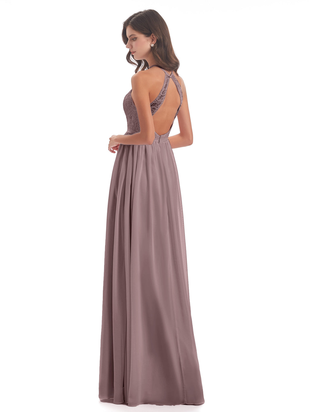 Harper A-line Halter Lace Long Bridesmaid Dresses