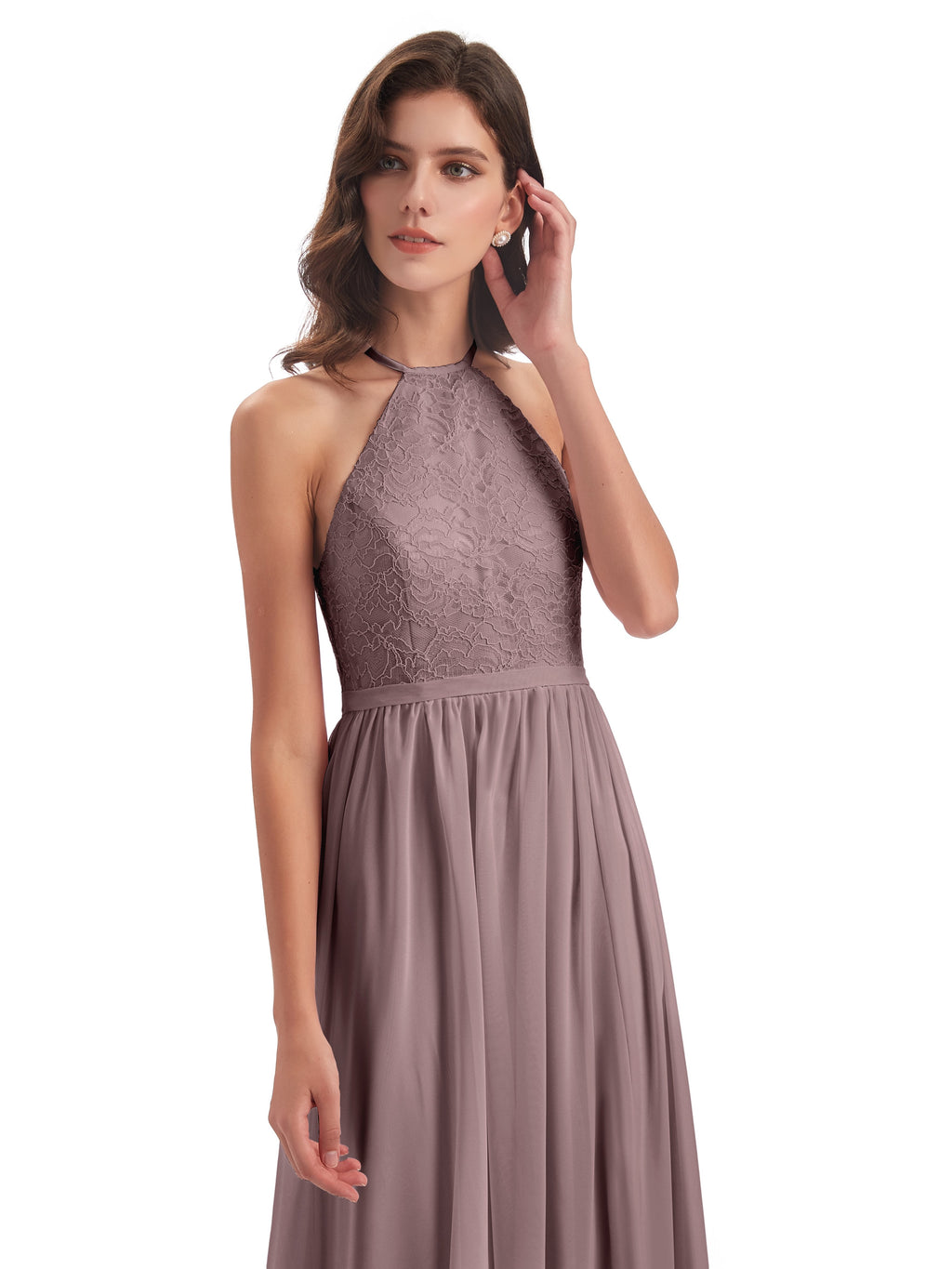 Harper A-line Halter Lace Long Bridesmaid Dresses