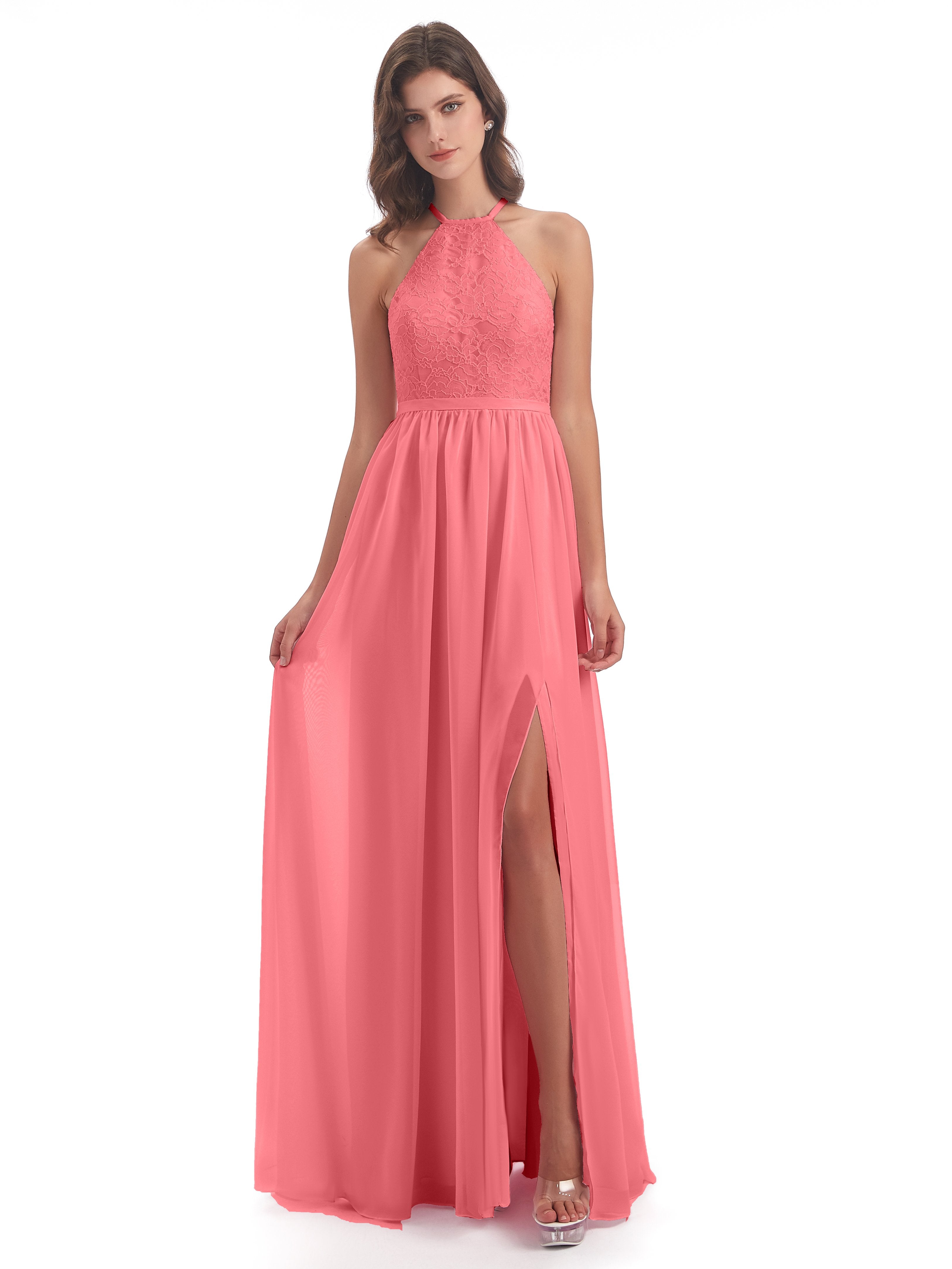 Harper A-line Halter Lace Long Bridesmaid Dresses