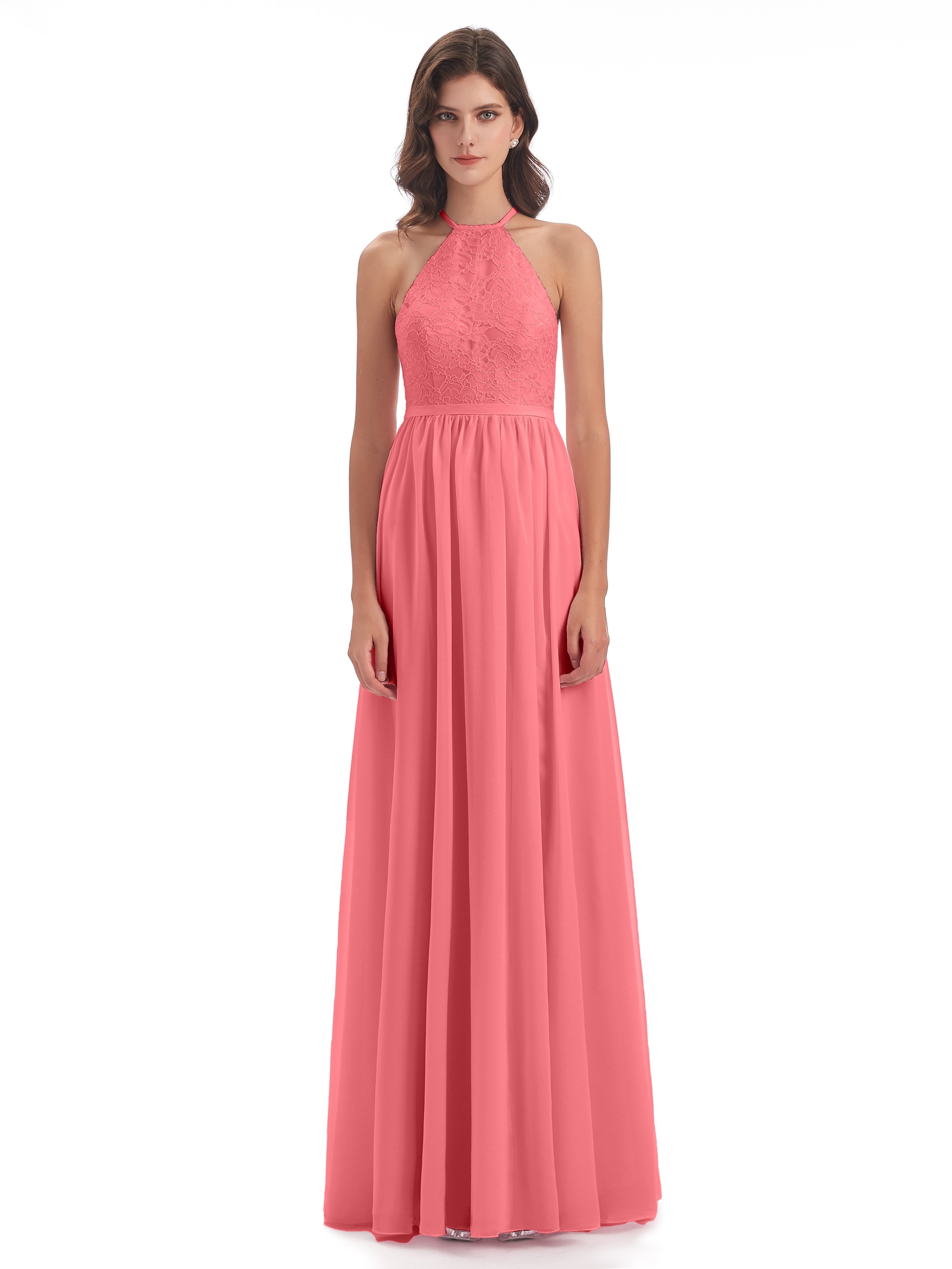 Harper A-line Halter Lace Long Bridesmaid Dresses