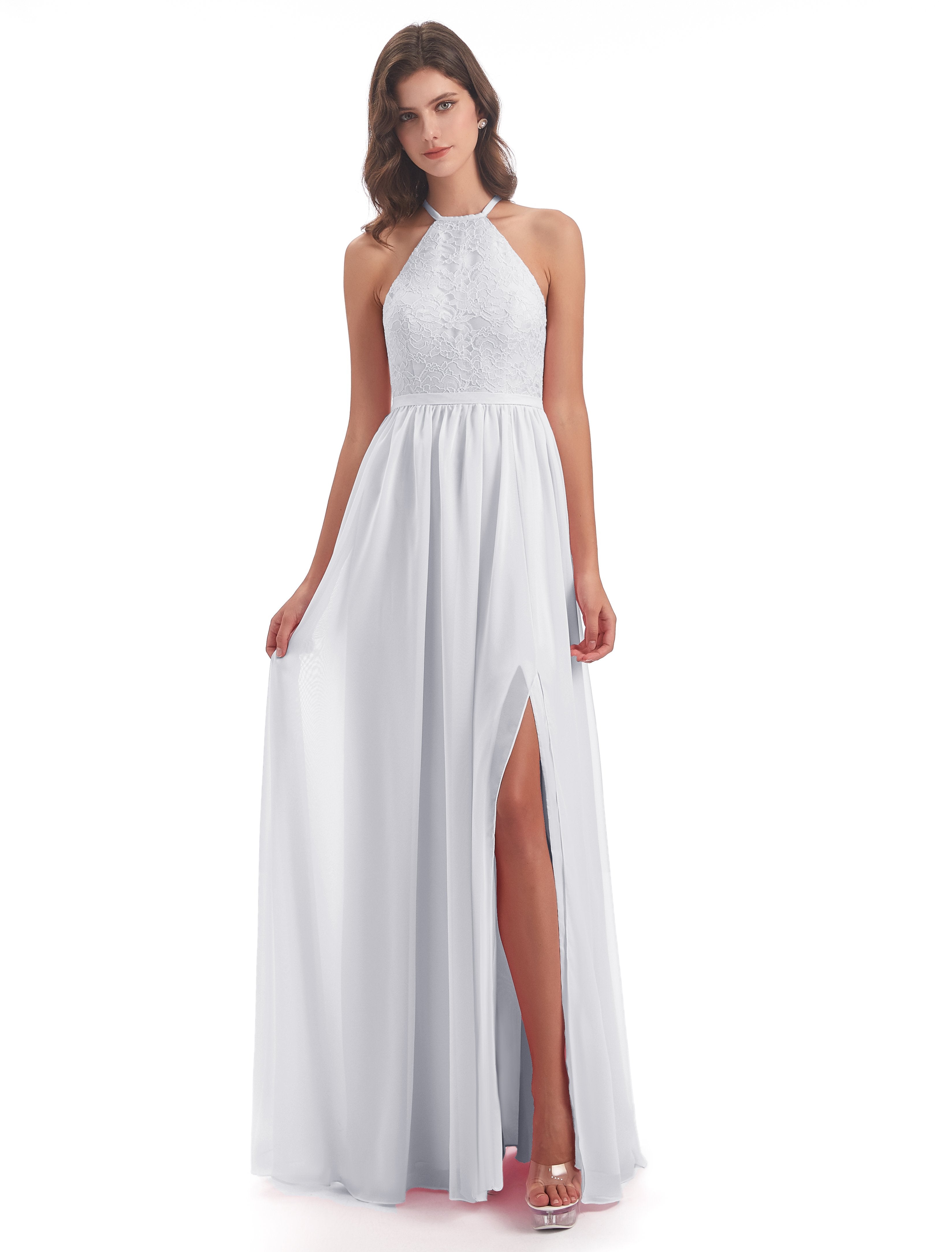 Harper A-line Halter Lace Long Bridesmaid Dresses
