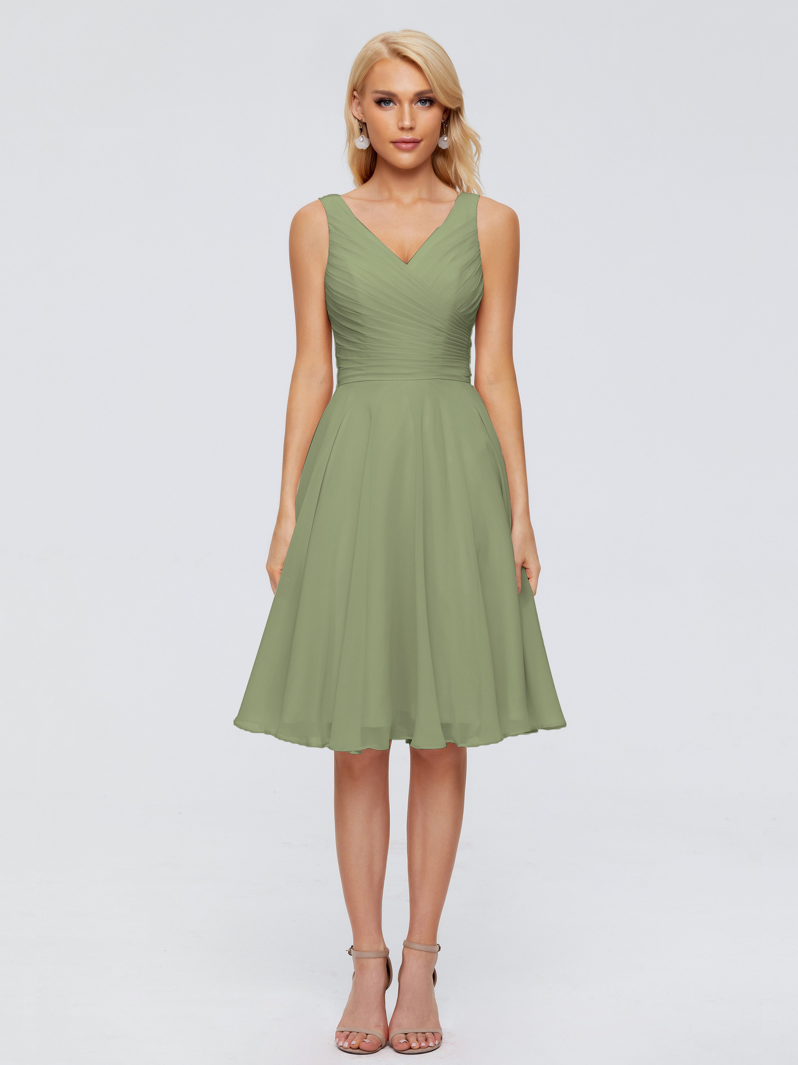 Jocelyn V-Neck Knee Length Chiffon Bridesmaid Dresses