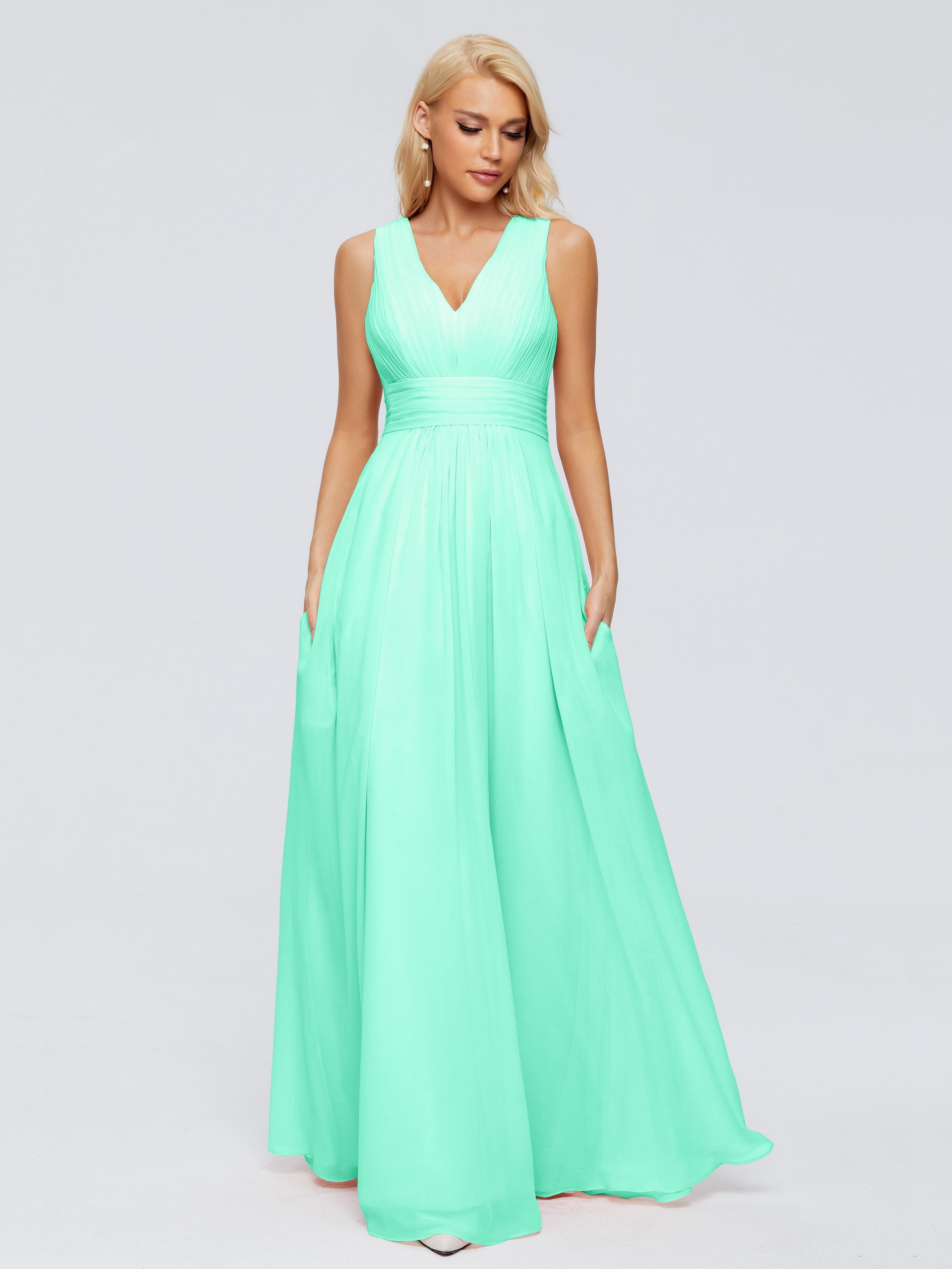 Juliana A-line V Neck Straps Chiffon Bridesmaid Dresses With Pockets
