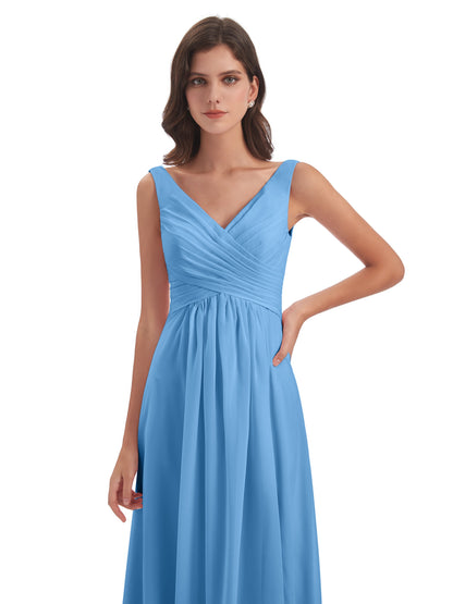 Jurnee Floor Length V-neck Ruched Chiffon Bridesmaid Dresses