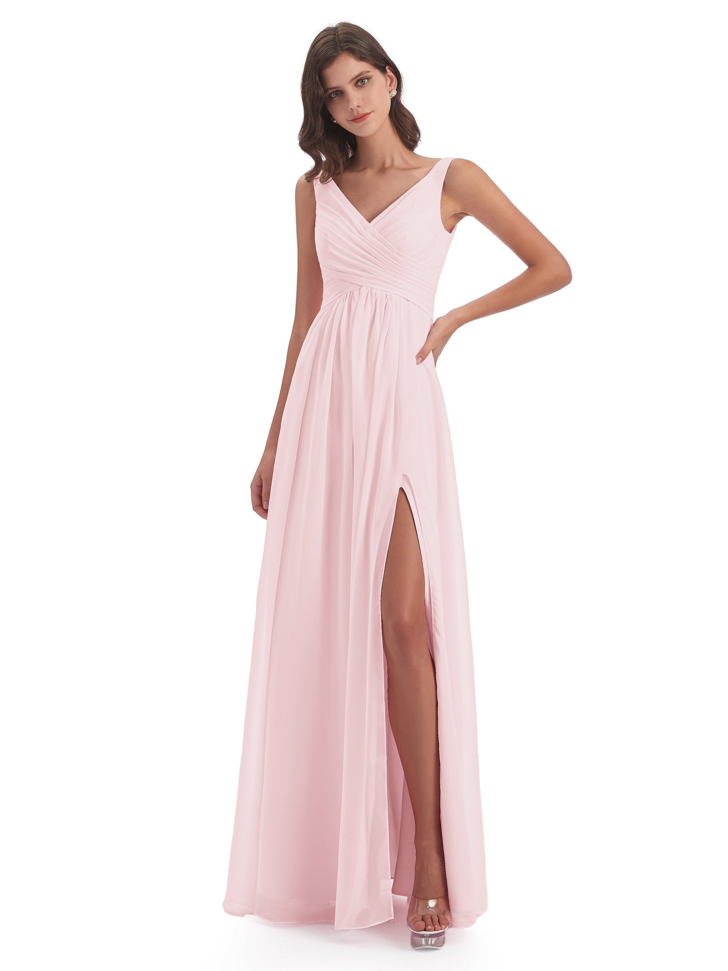 Jurnee Floor Length V-neck Ruched Chiffon Bridesmaid Dresses