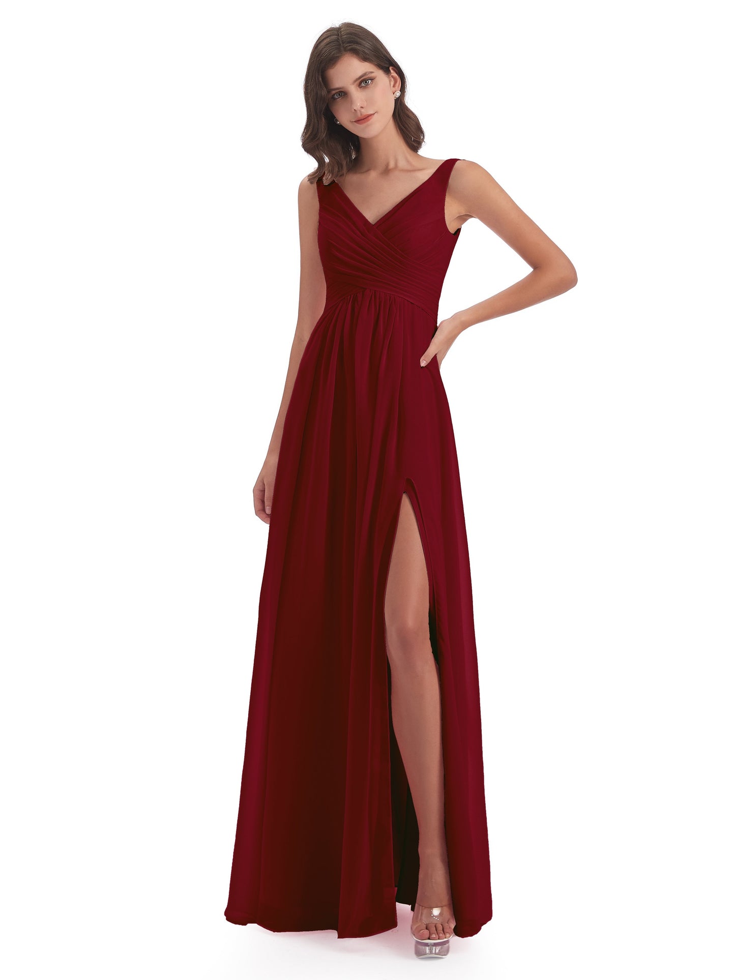 Jurnee Floor Length V-neck Ruched Chiffon Bridesmaid Dresses