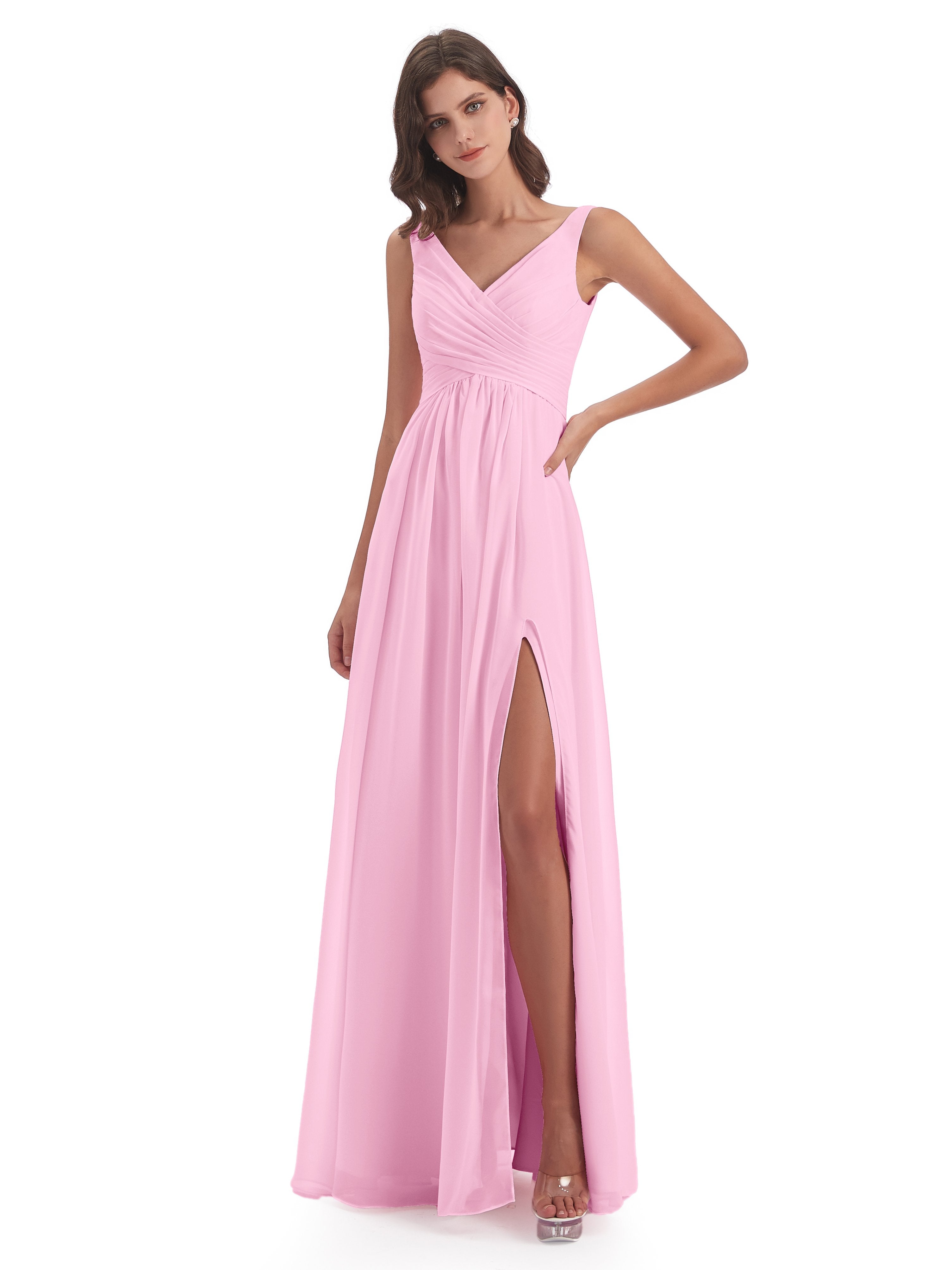 Jurnee Floor Length V-neck Ruched Chiffon Bridesmaid Dresses