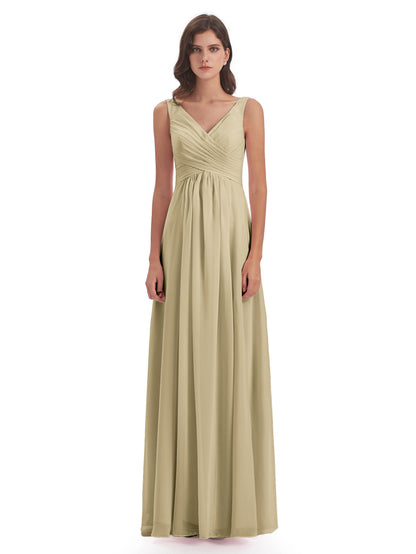 Jurnee Floor Length V-neck Ruched Chiffon Bridesmaid Dresses