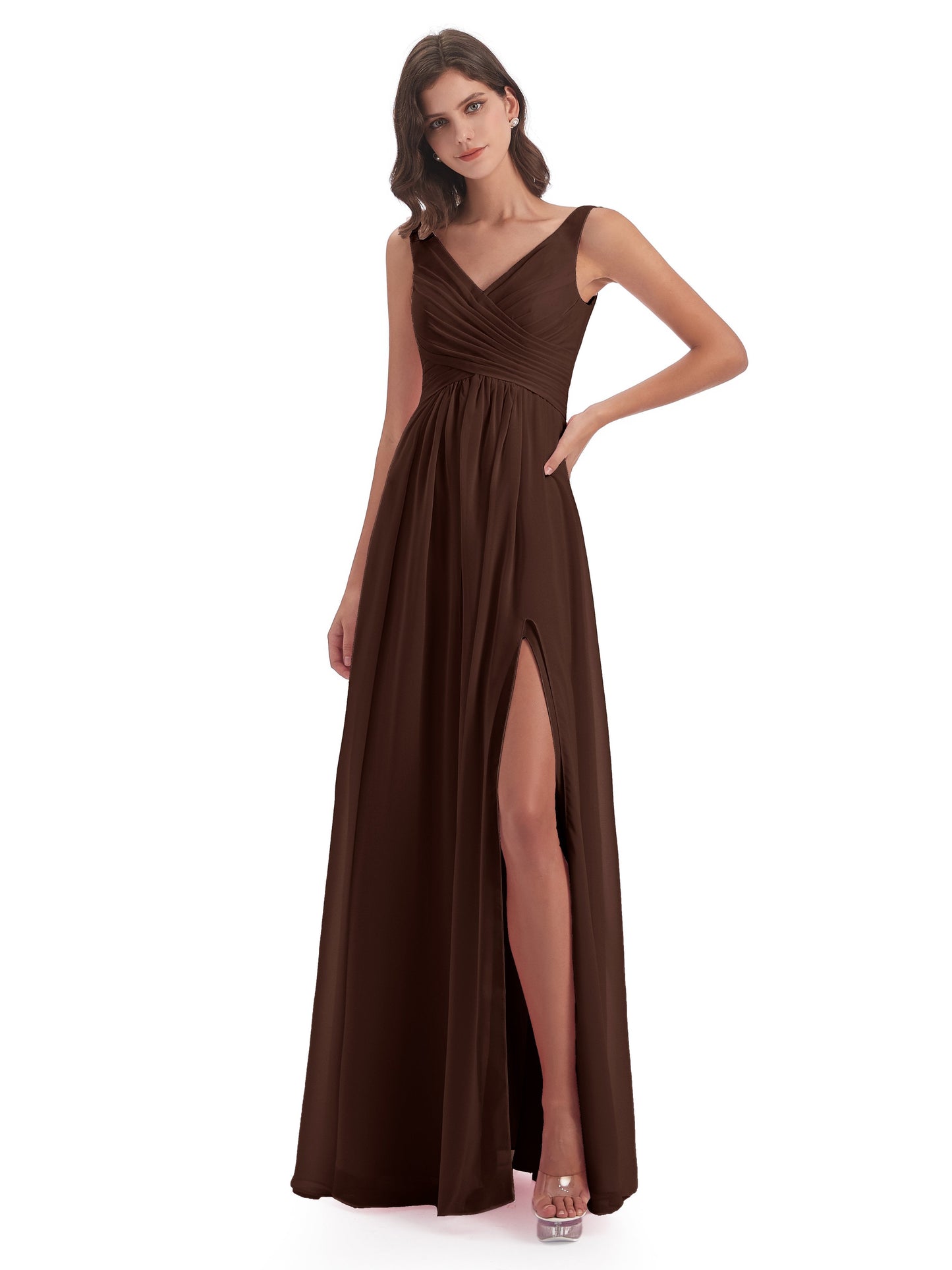 Jurnee Floor Length V-neck Ruched Chiffon Bridesmaid Dresses