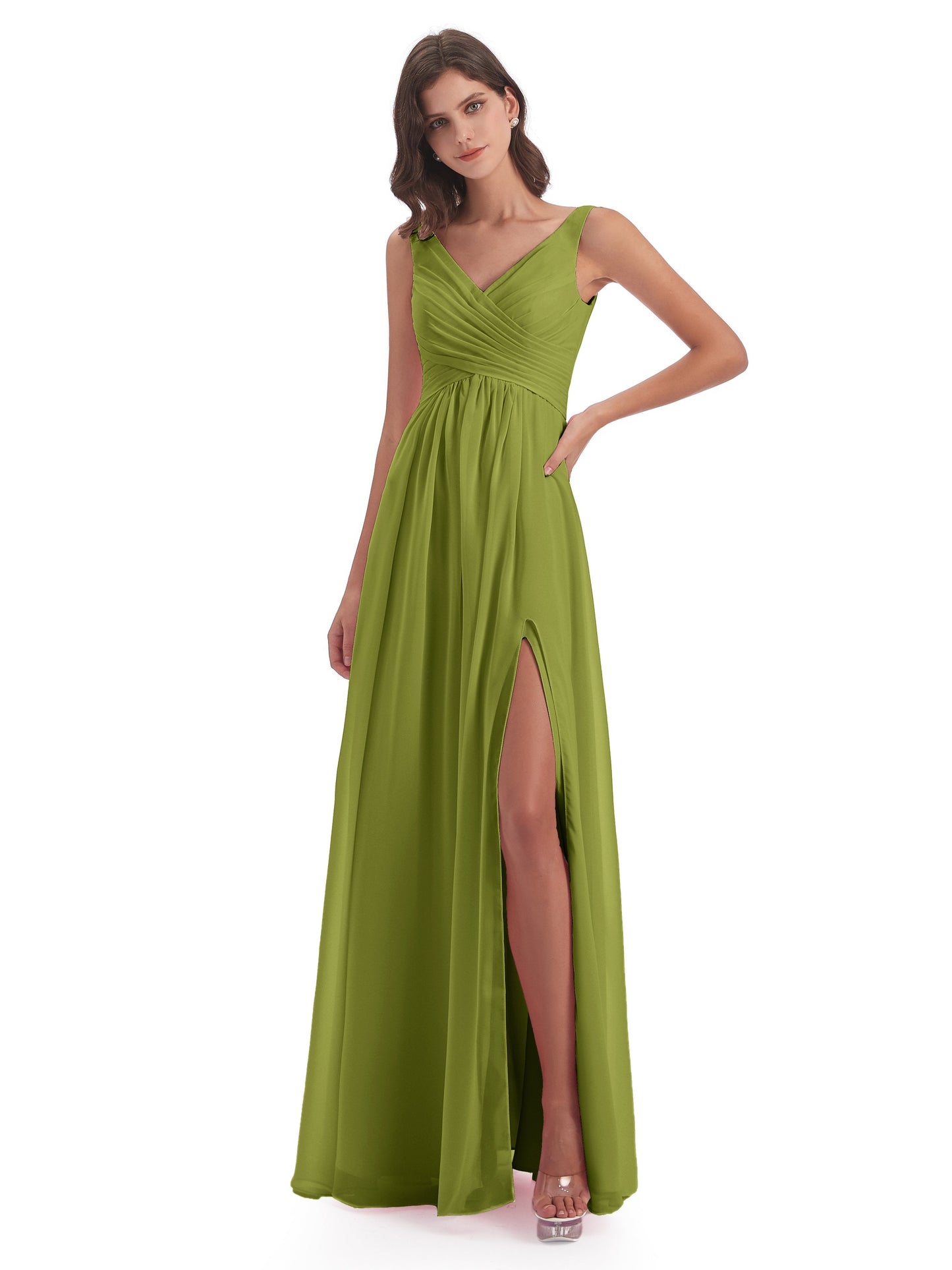 Jurnee Floor Length V-neck Ruched Chiffon Bridesmaid Dresses